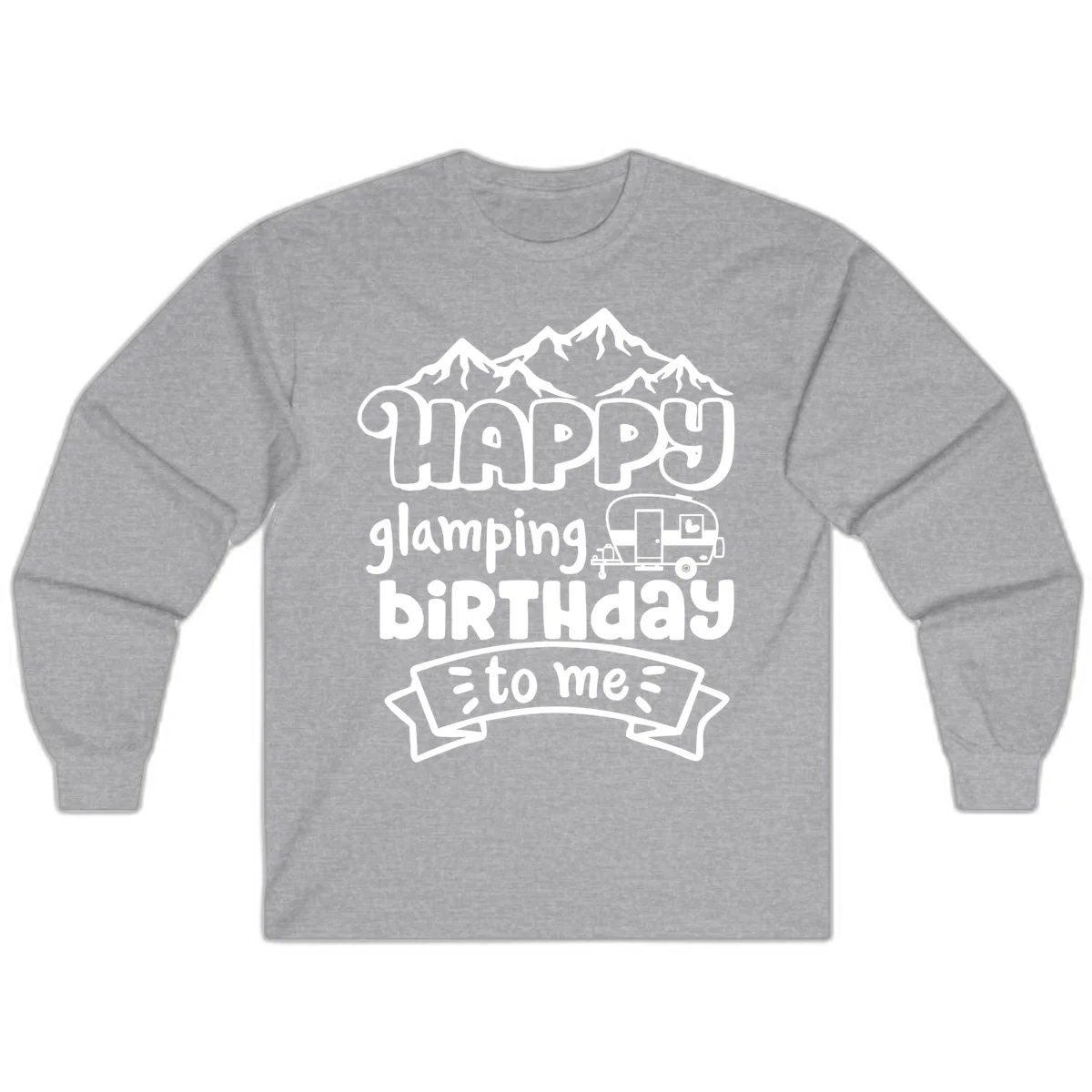 Happy glamping birthday design with snow mountains, vintage trailer, and bold retro lettering celebrating a birthday camping adventure in Sport Grey