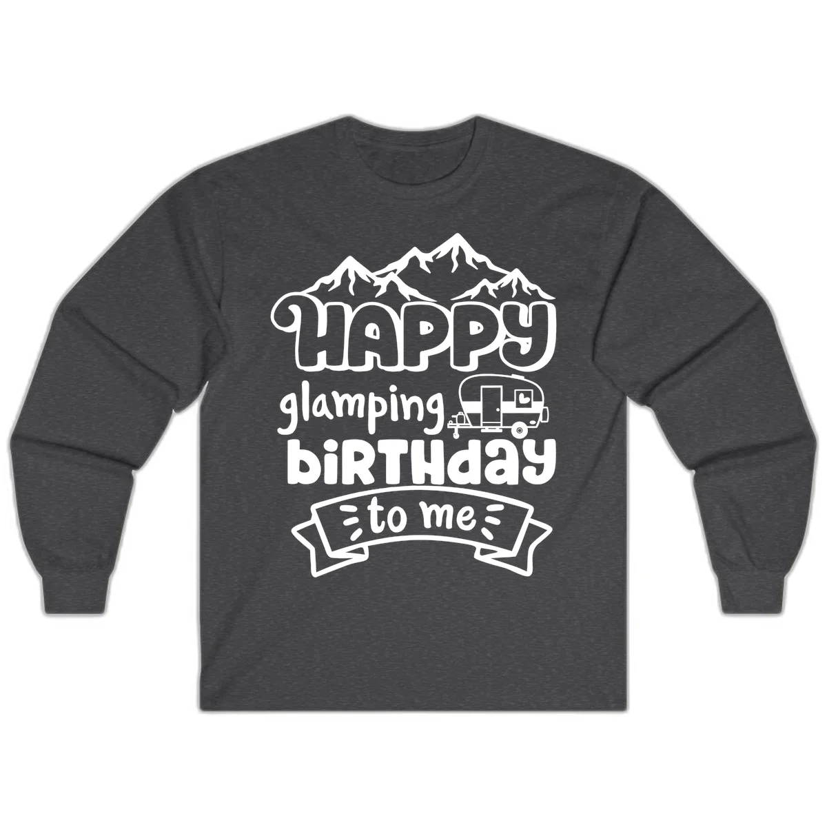 Happy glamping birthday design with snow mountains, vintage trailer, and bold retro lettering celebrating a birthday camping adventure in Dark Heather