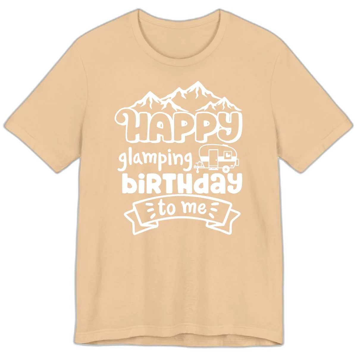 Happy glamping birthday design with snow mountains, vintage trailer, and bold retro lettering celebrating a birthday camping adventure in Sand Dune