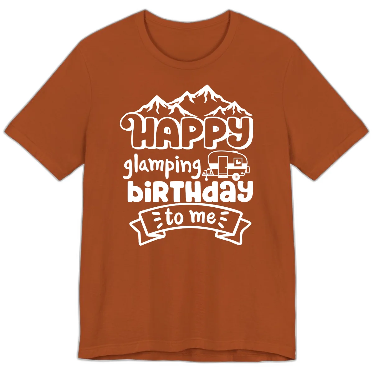 Happy glamping birthday design with snow mountains, vintage trailer, and bold retro lettering celebrating a birthday camping adventure in Autumn