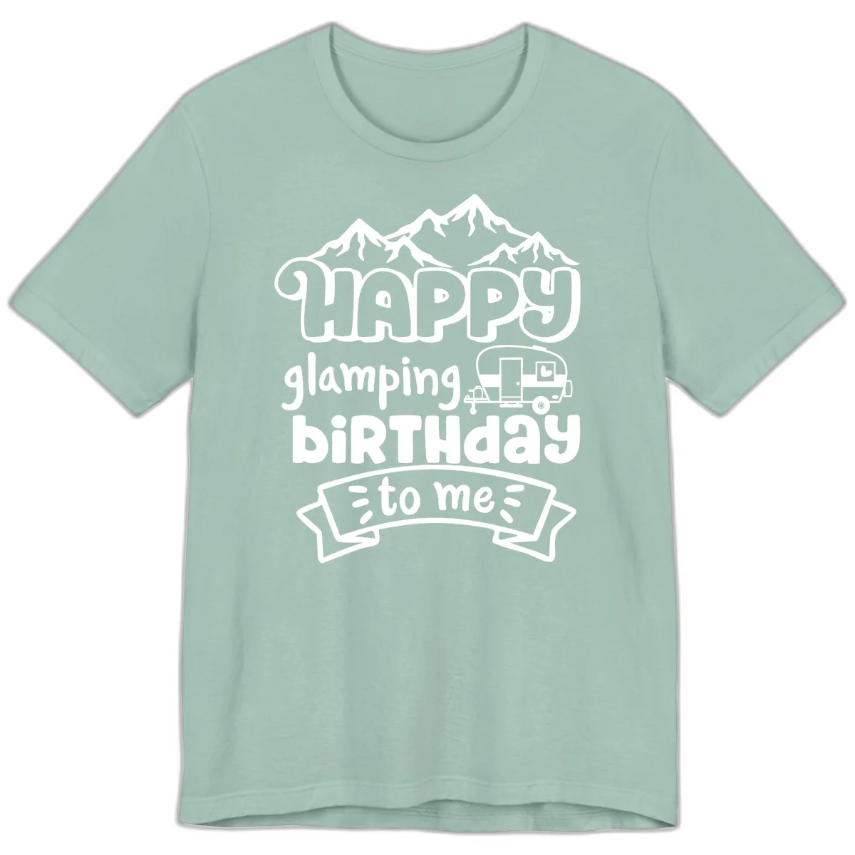 Happy glamping birthday design with snow mountains, vintage trailer, and bold retro lettering celebrating a birthday camping adventure in Dusty Blue