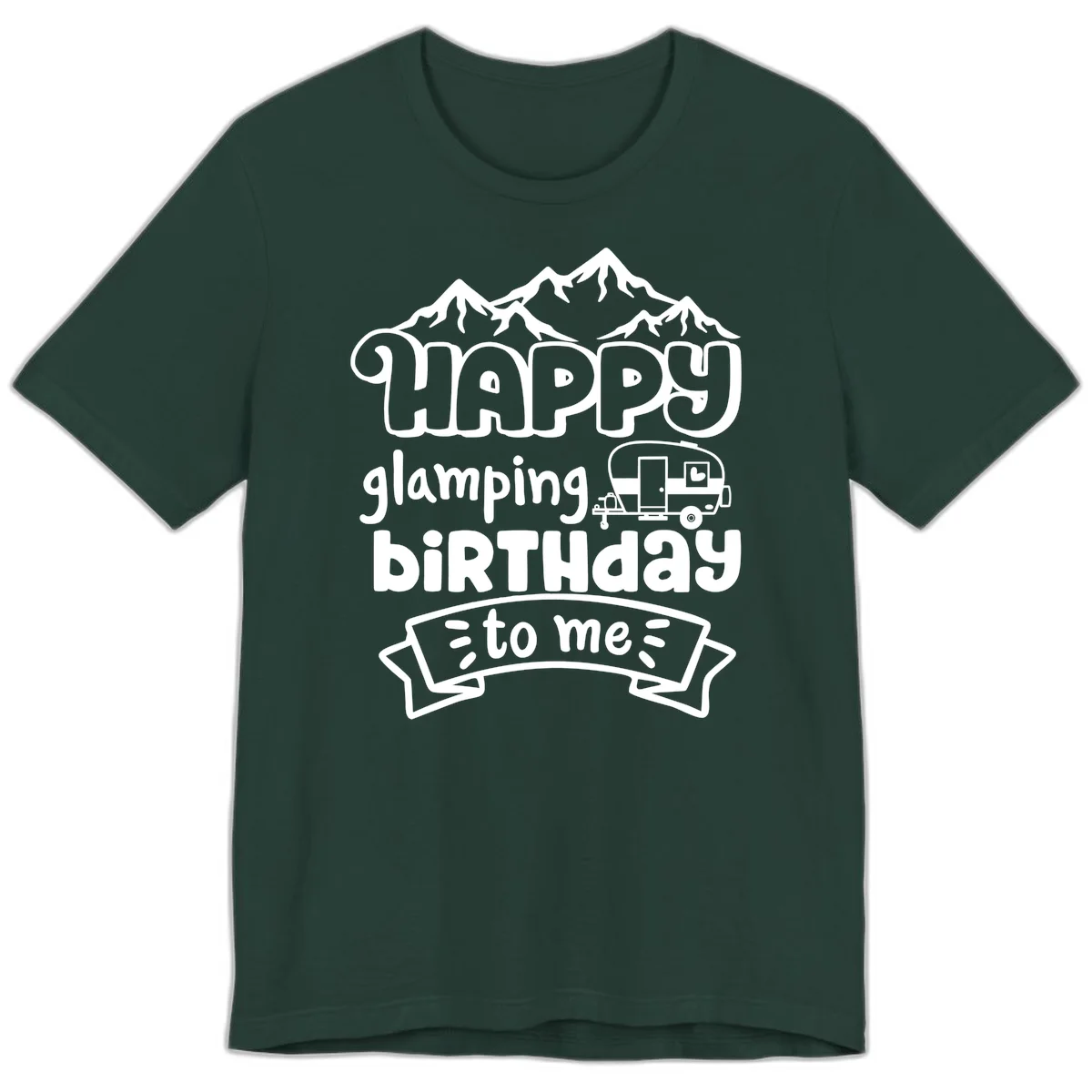 Happy glamping birthday design with snow mountains, vintage trailer, and bold retro lettering celebrating a birthday camping adventure in Forest