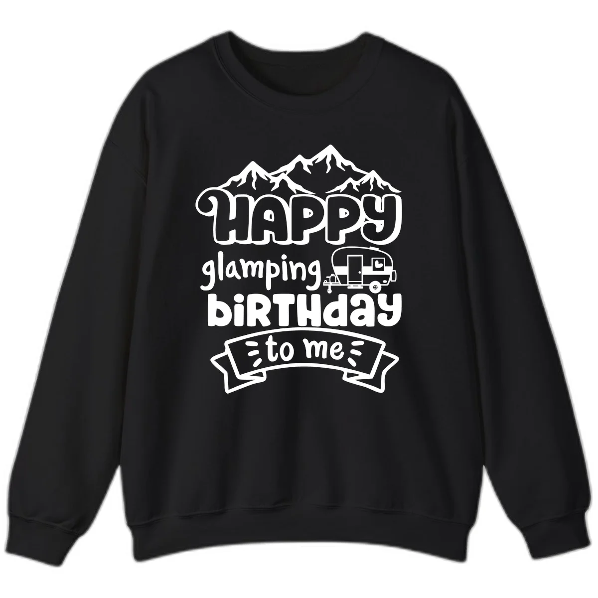 Happy glamping birthday design with snow mountains, vintage trailer, and bold retro lettering celebrating a birthday camping adventure in Black
