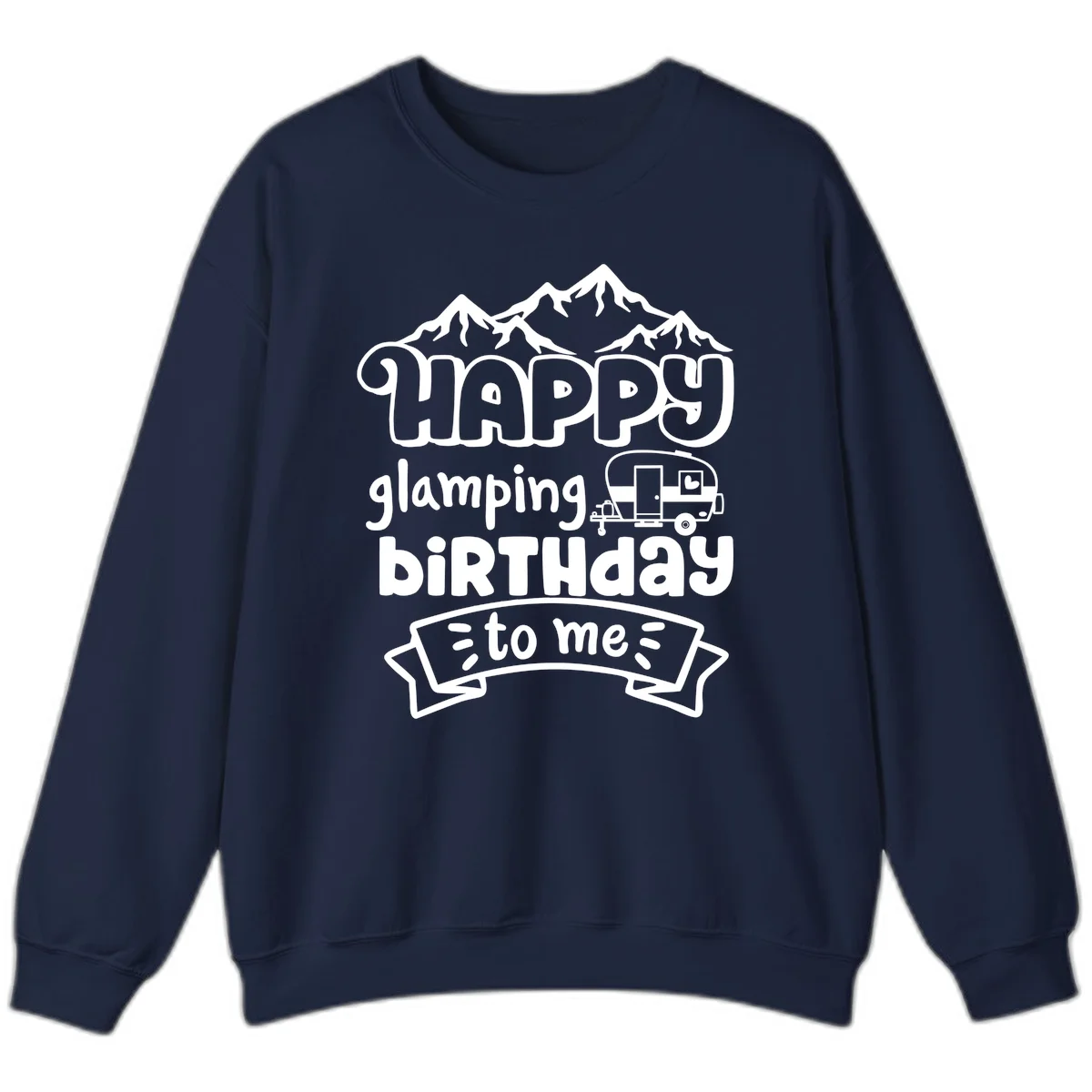 Happy glamping birthday design with snow mountains, vintage trailer, and bold retro lettering celebrating a birthday camping adventure in Navy