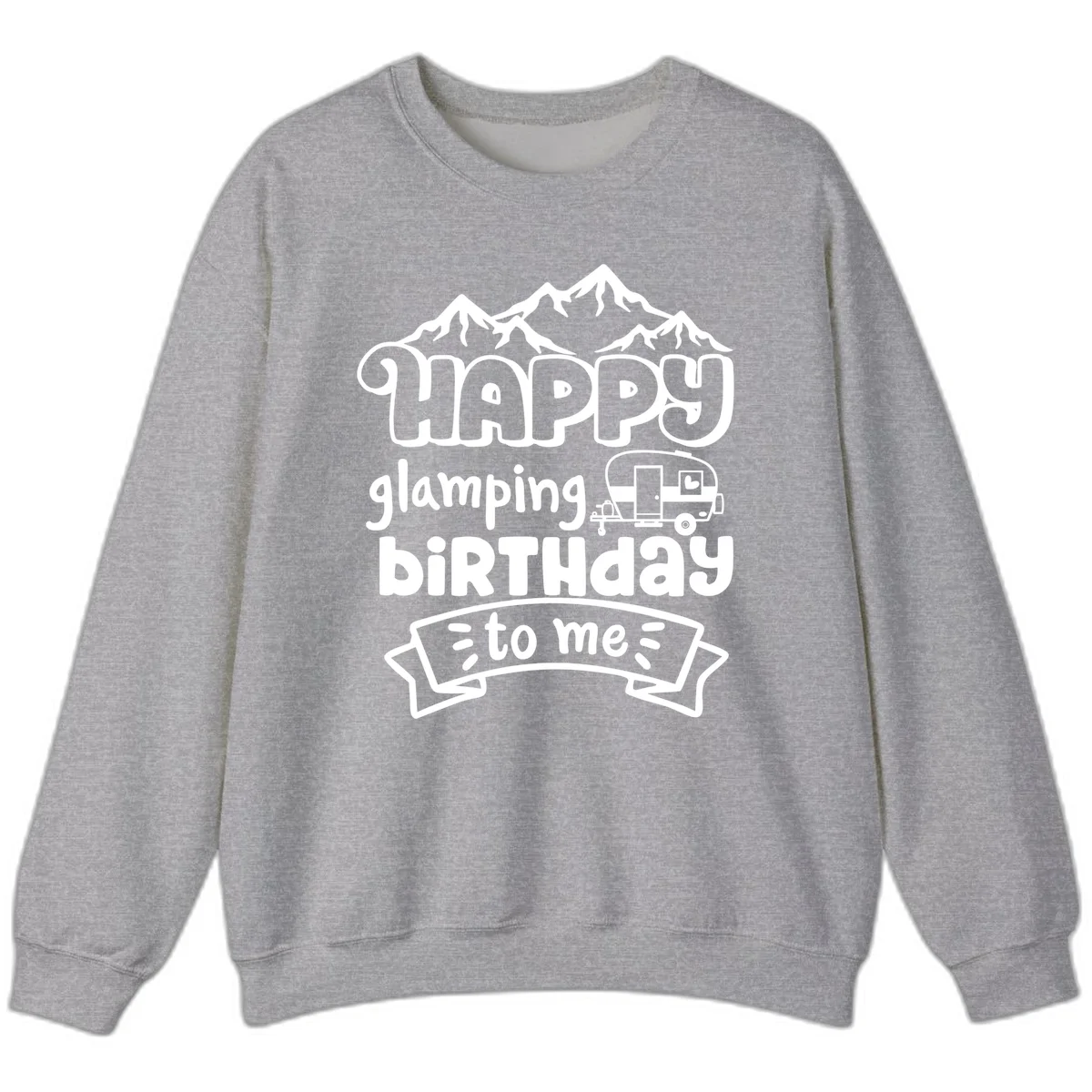 Happy glamping birthday design with snow mountains, vintage trailer, and bold retro lettering celebrating a birthday camping adventure in Sport Grey
