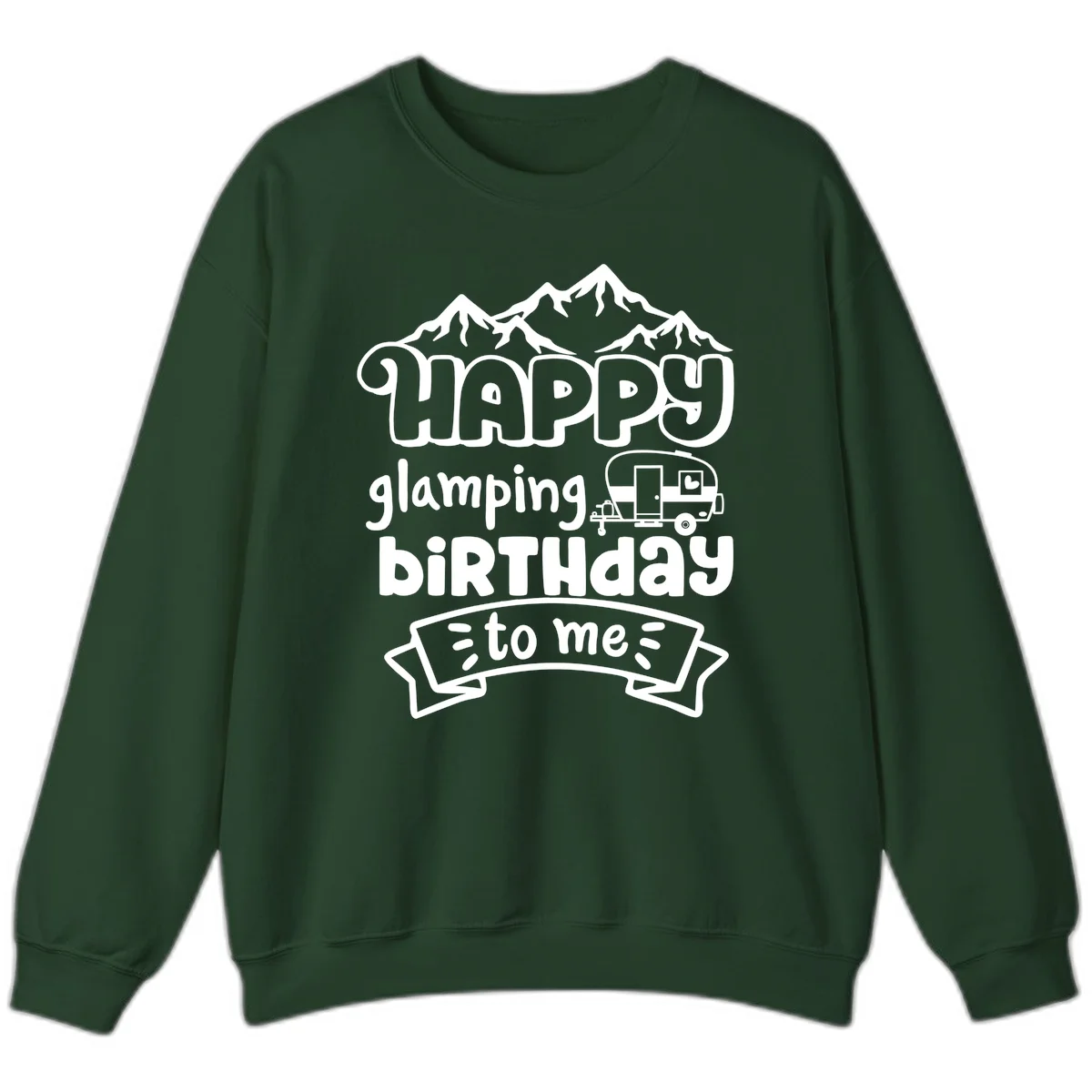 Happy glamping birthday design with snow mountains, vintage trailer, and bold retro lettering celebrating a birthday camping adventure in Forest Green