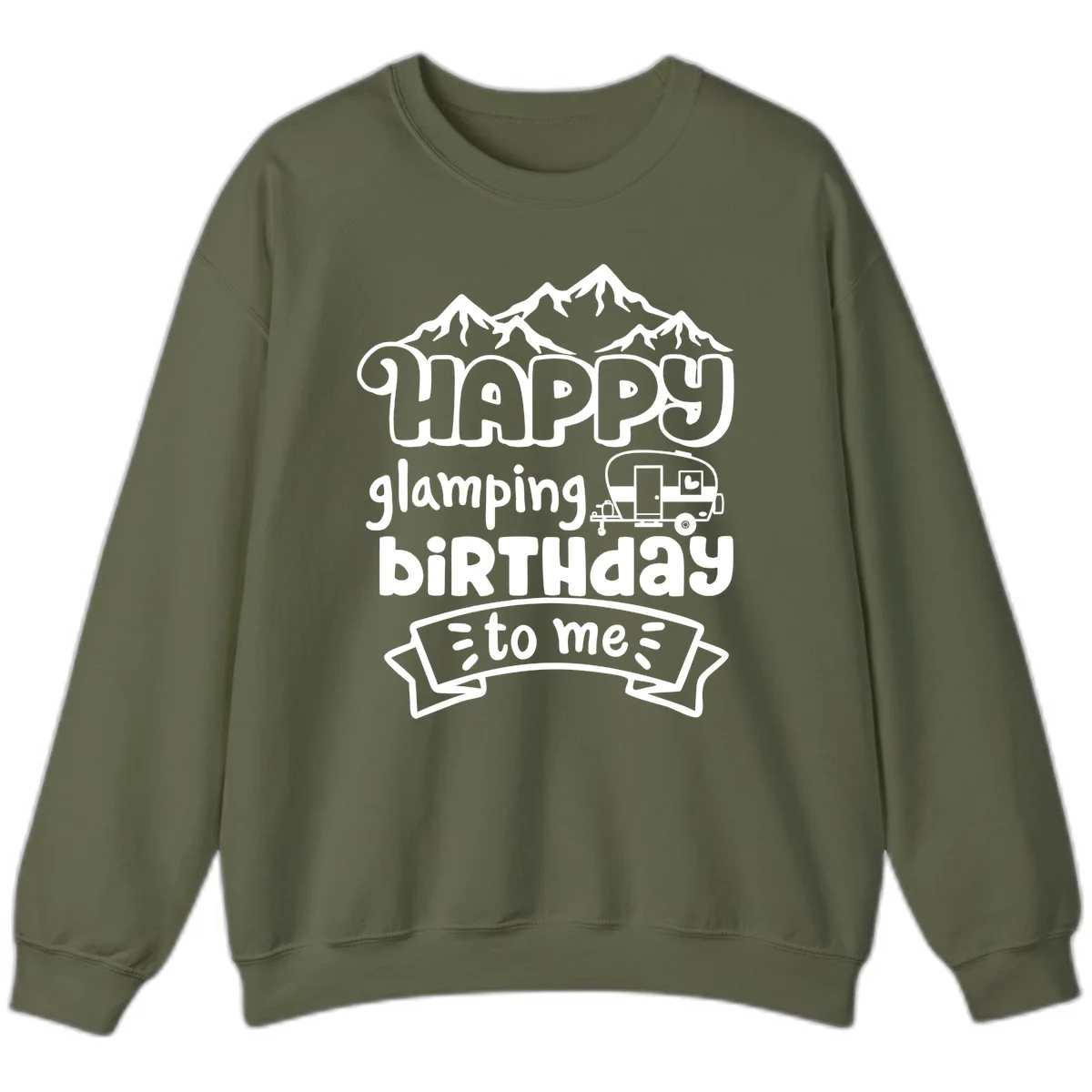 Happy glamping birthday design with snow mountains, vintage trailer, and bold retro lettering celebrating a birthday camping adventure in Military Green