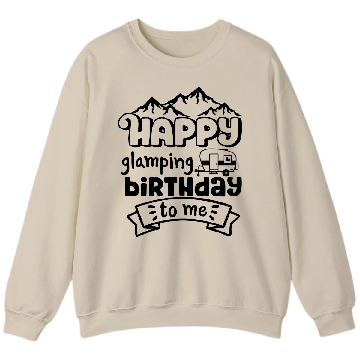Happy glamping birthday design with snow mountains, vintage trailer, and bold retro lettering celebrating a birthday camping adventure in Sand