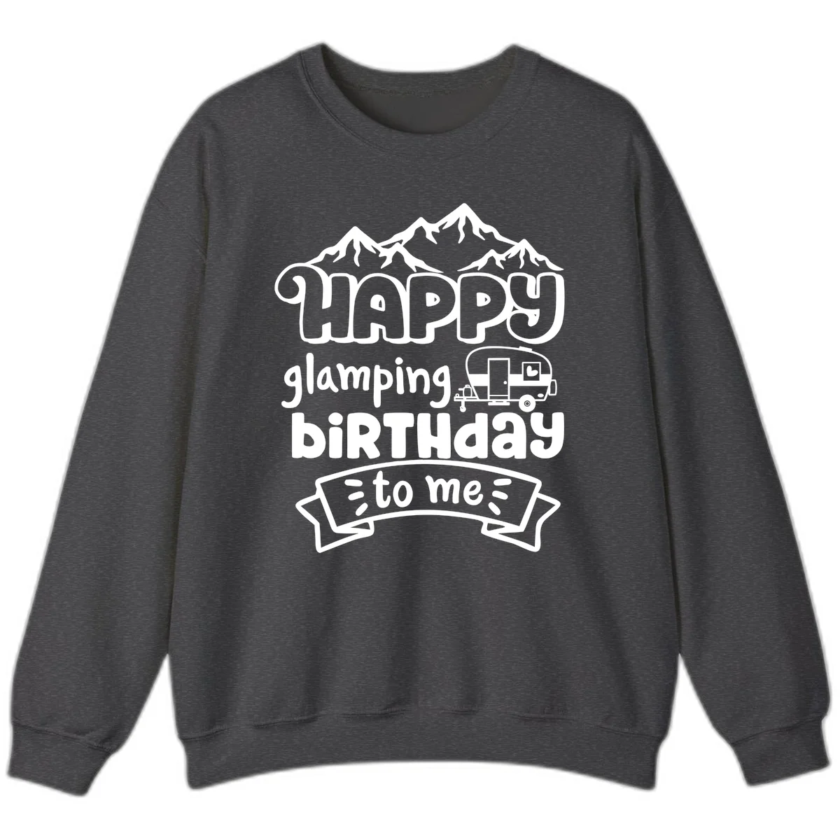 Happy glamping birthday design with snow mountains, vintage trailer, and bold retro lettering celebrating a birthday camping adventure in Dark Heather