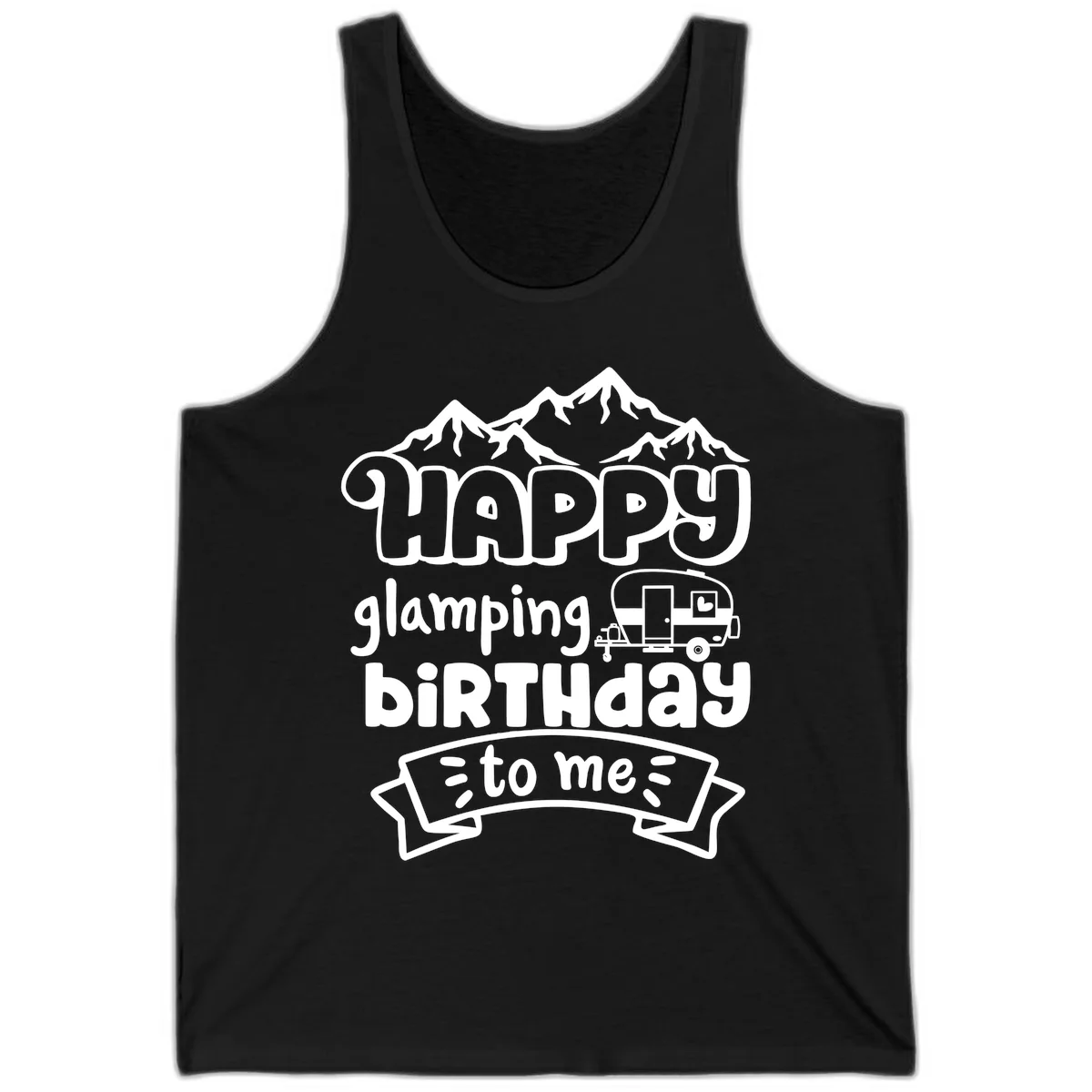 Happy glamping birthday design with snow mountains, vintage trailer, and bold retro lettering celebrating a birthday camping adventure in Black