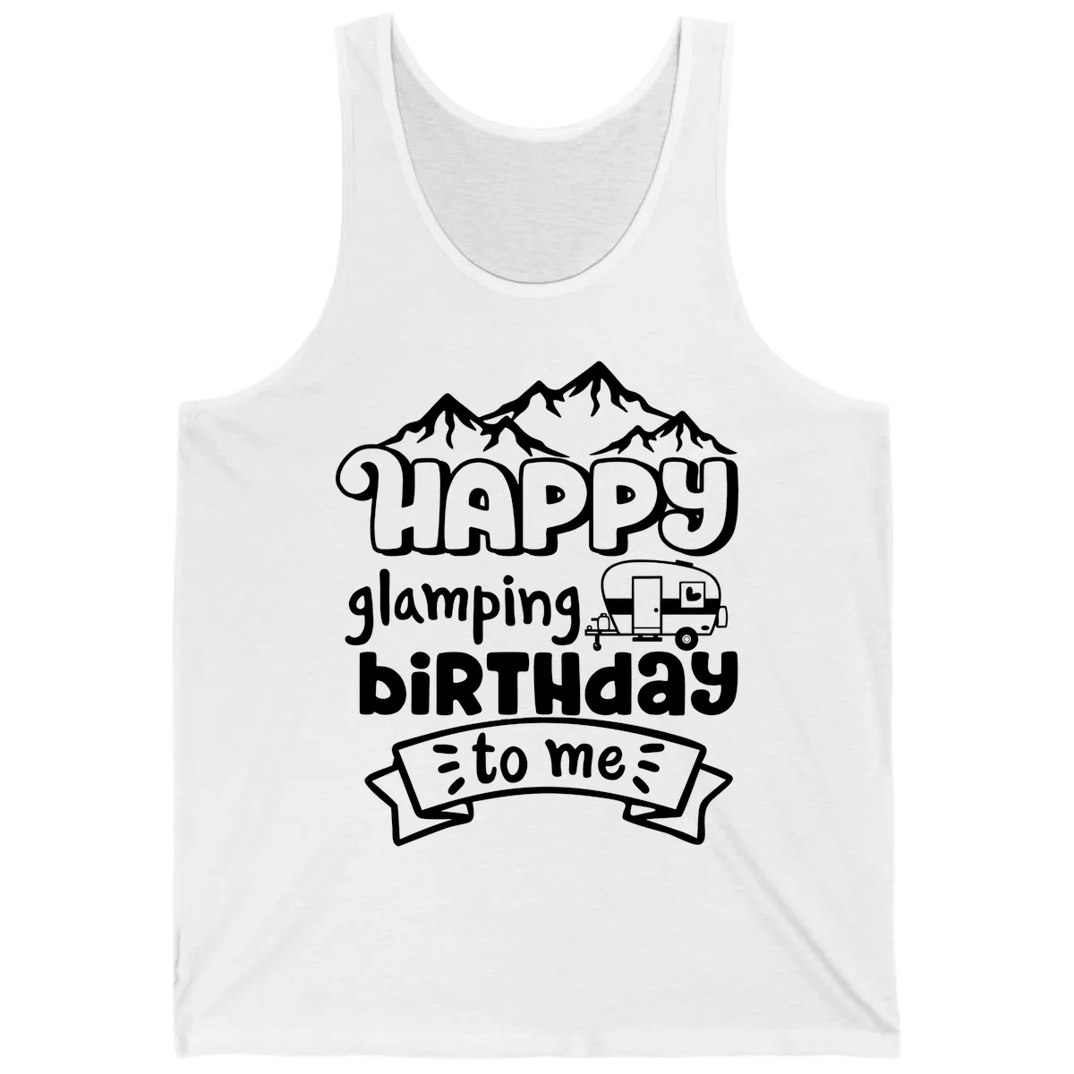 Happy glamping birthday design with snow mountains, vintage trailer, and bold retro lettering celebrating a birthday camping adventure in White
