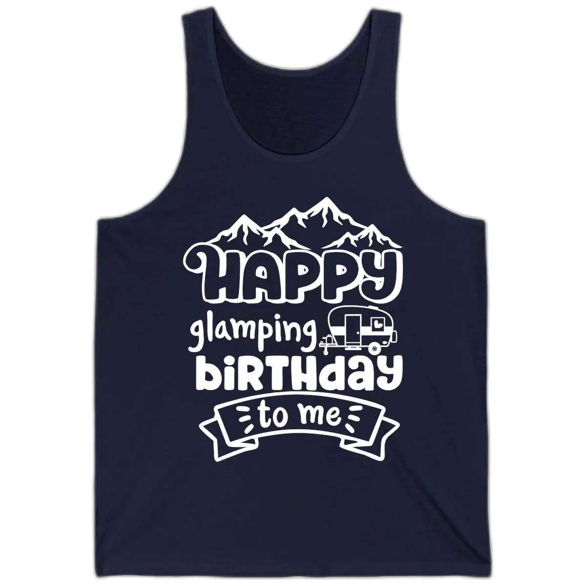 Happy glamping birthday design with snow mountains, vintage trailer, and bold retro lettering celebrating a birthday camping adventure in Navy