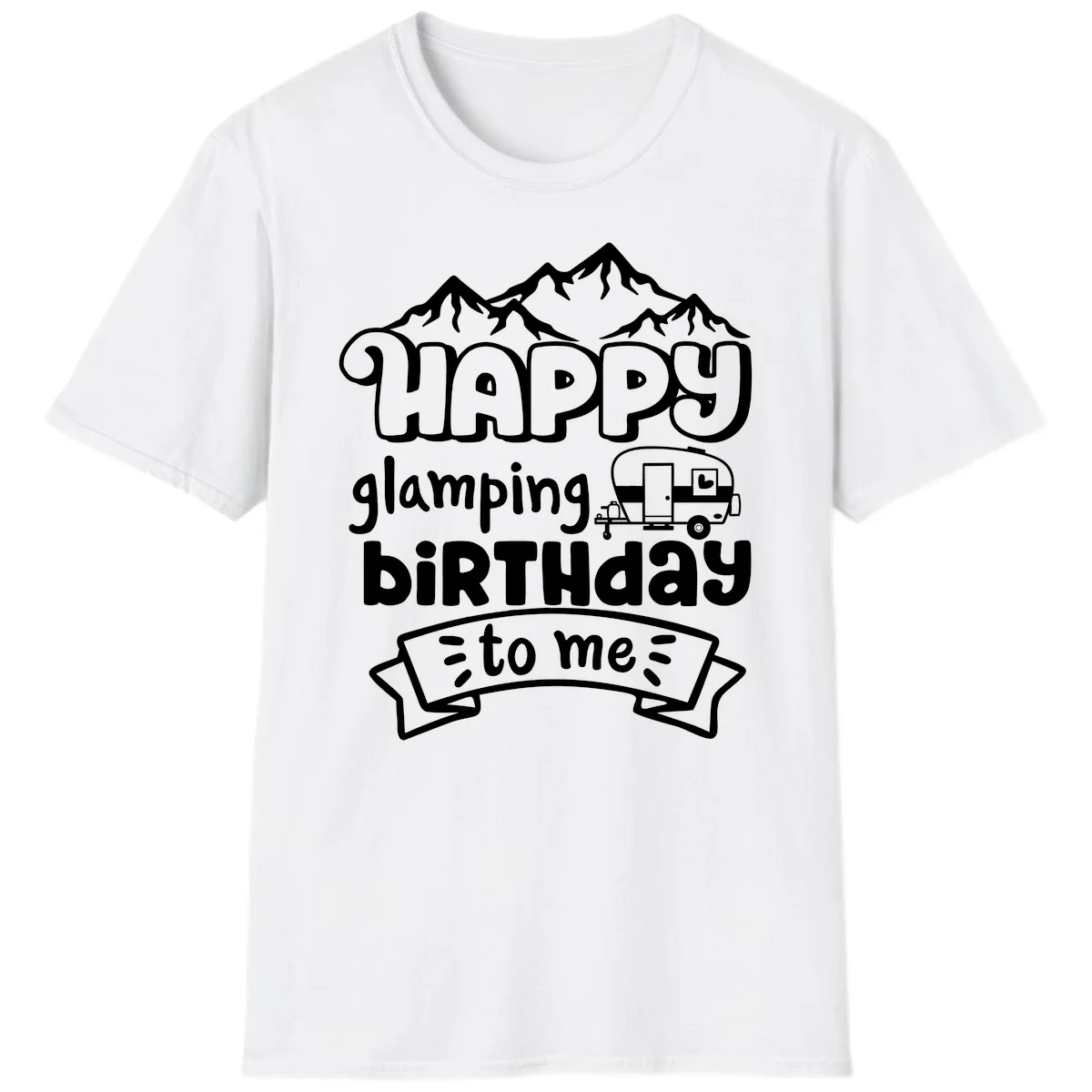 Happy glamping birthday design with snow mountains, vintage trailer, and bold retro lettering celebrating a birthday camping adventure in White