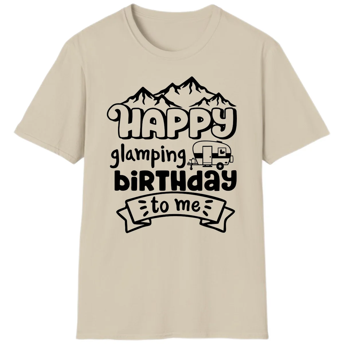 Happy glamping birthday design with snow mountains, vintage trailer, and bold retro lettering celebrating a birthday camping adventure in Sand
