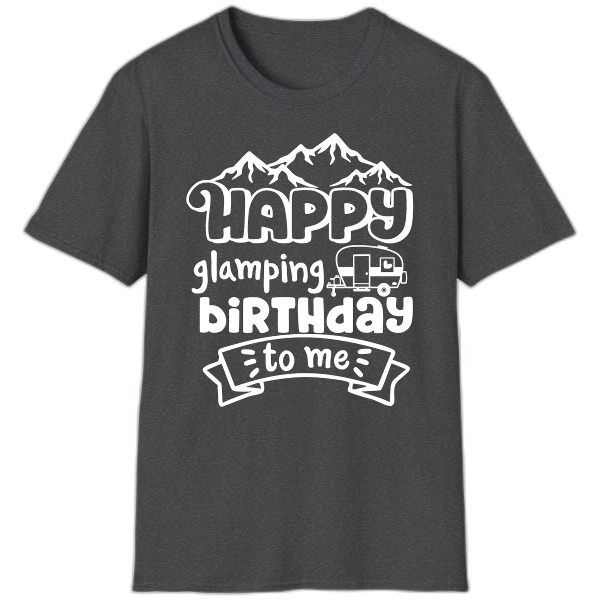 Happy glamping birthday design with snow mountains, vintage trailer, and bold retro lettering celebrating a birthday camping adventure in Dark Heather