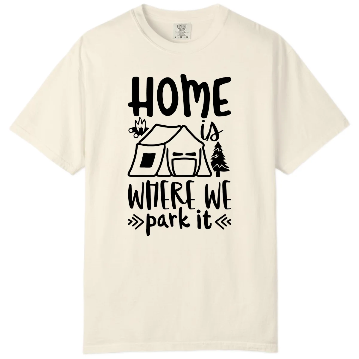 Home is where we park it camping design with tent, campfire, and evergreen tree illustration in Ivory