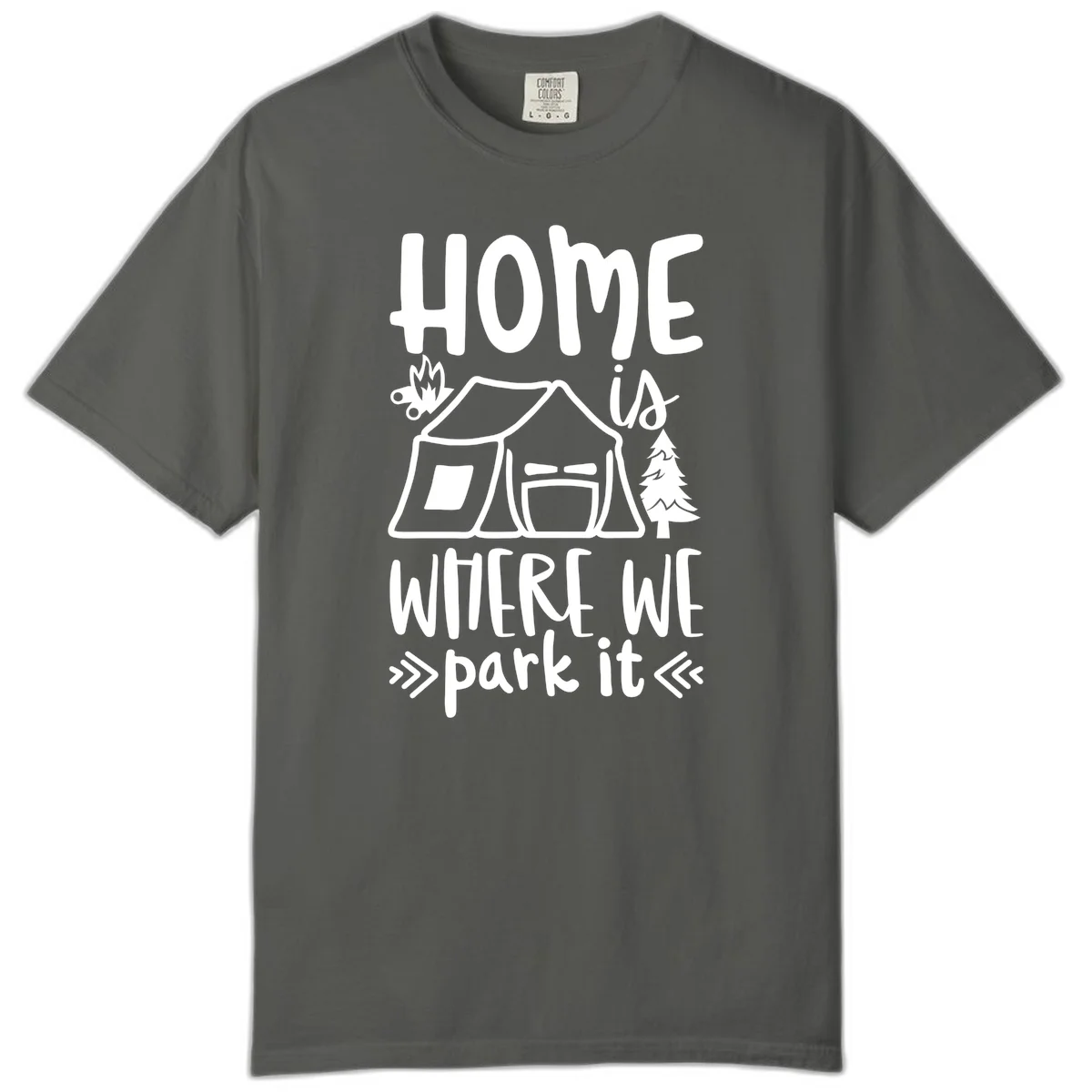 Home is where we park it camping design with tent, campfire, and evergreen tree illustration in Pepper