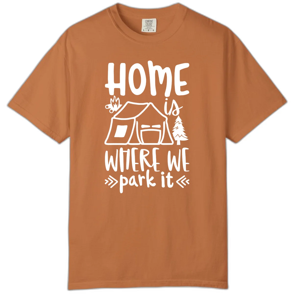 Home is where we park it camping design with tent, campfire, and evergreen tree illustration in Yam