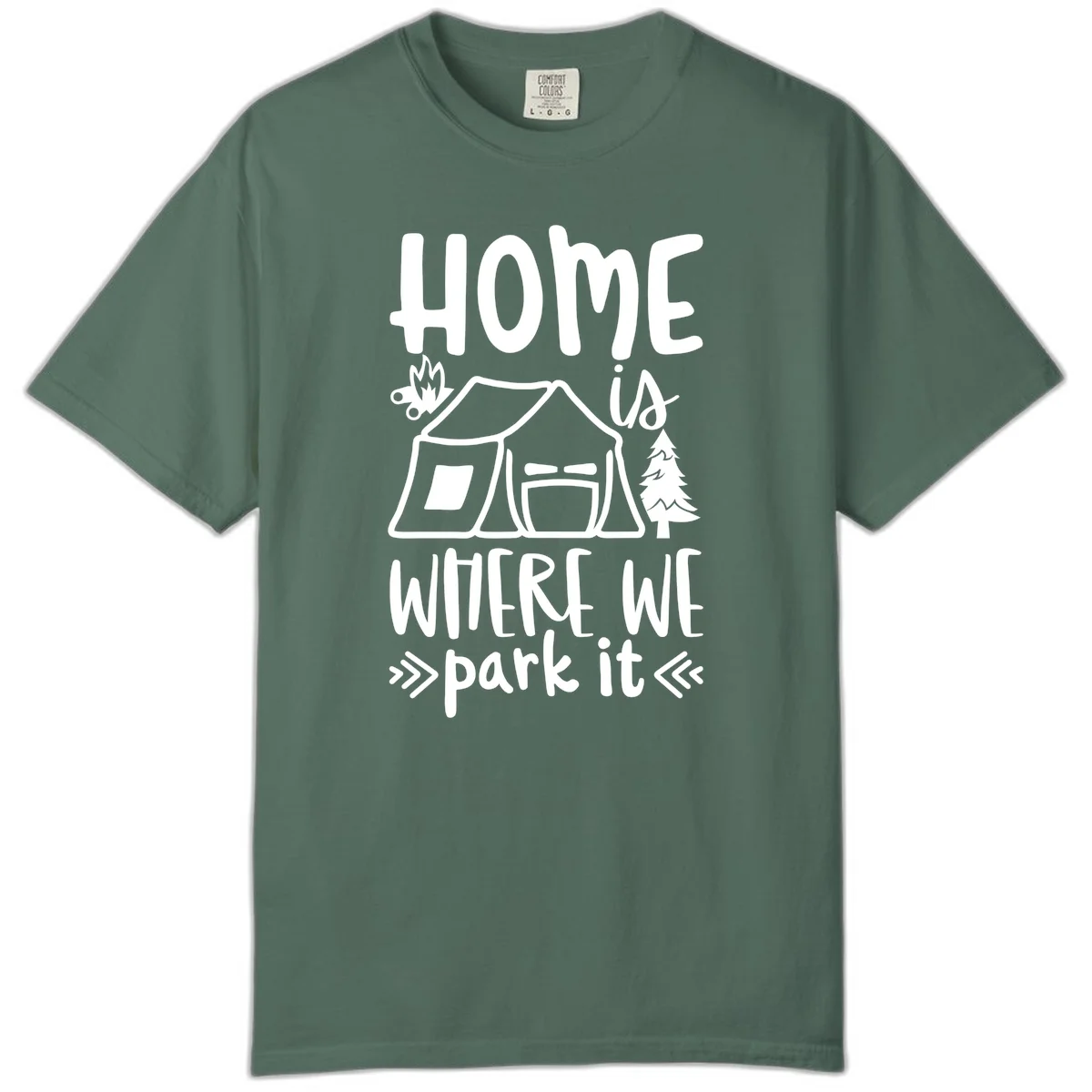 Home is where we park it camping design with tent, campfire, and evergreen tree illustration in Blue Spruce