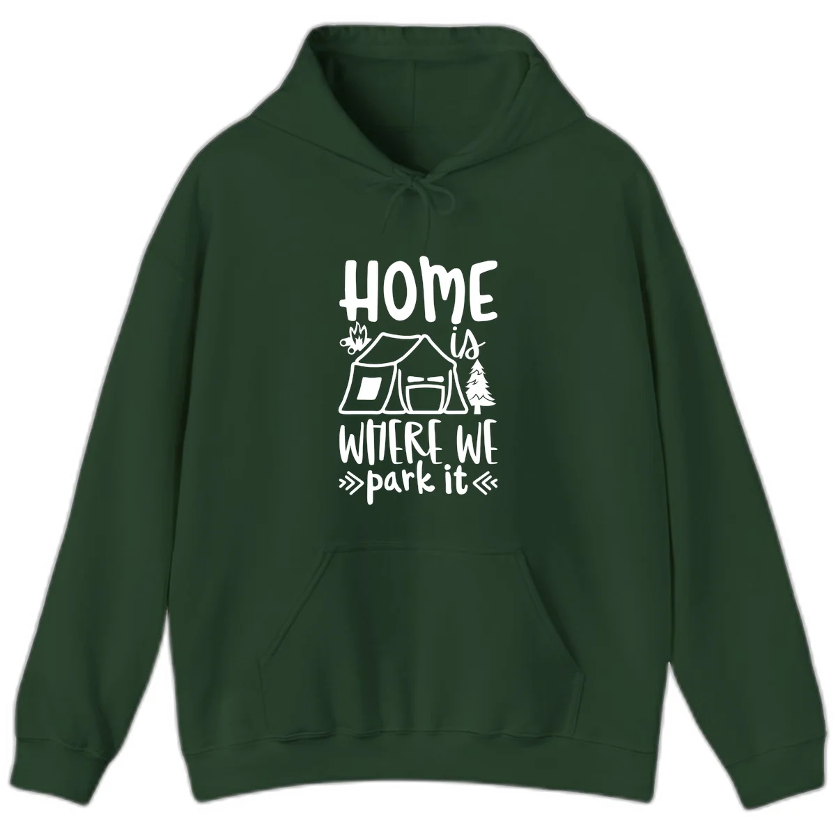 Home is where we park it camping design with tent, campfire, and evergreen tree illustration in Forest Green