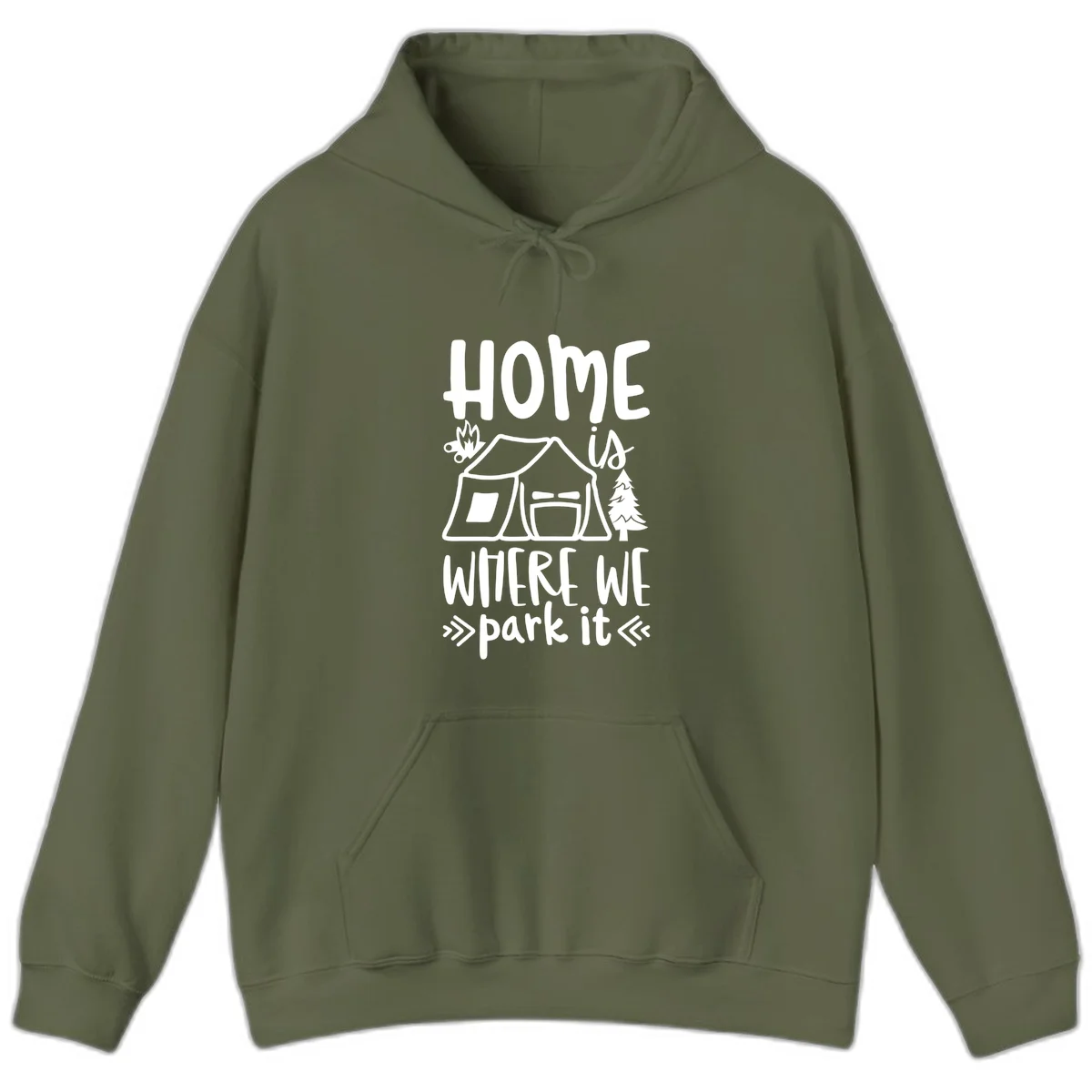 Home is where we park it camping design with tent, campfire, and evergreen tree illustration in Military Green