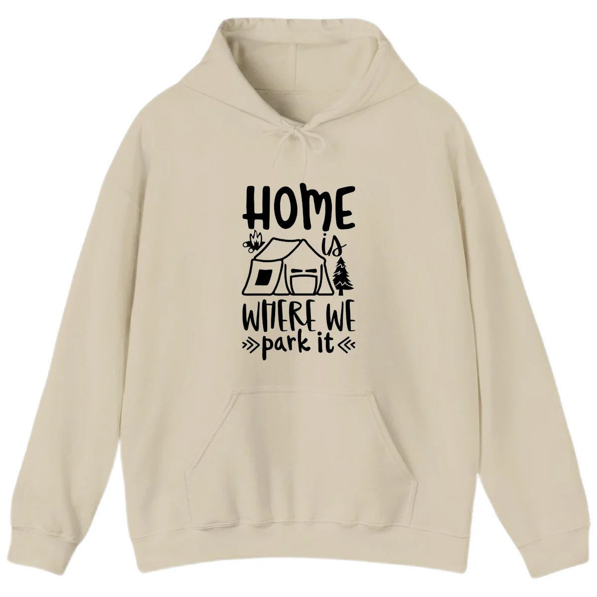 Home is where we park it camping design with tent, campfire, and evergreen tree illustration in Sand
