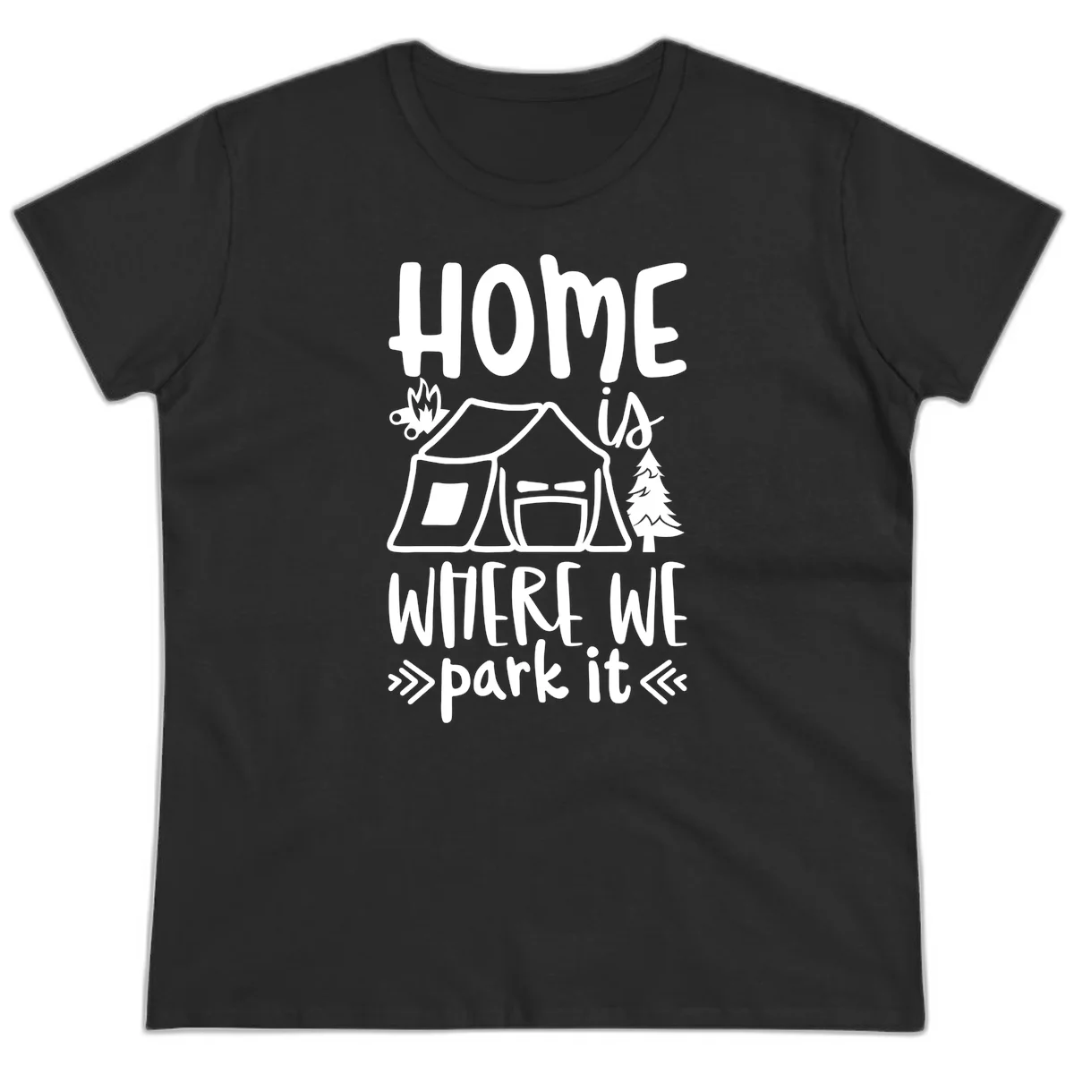 Home is where we park it camping design with tent, campfire, and evergreen tree illustration in Black