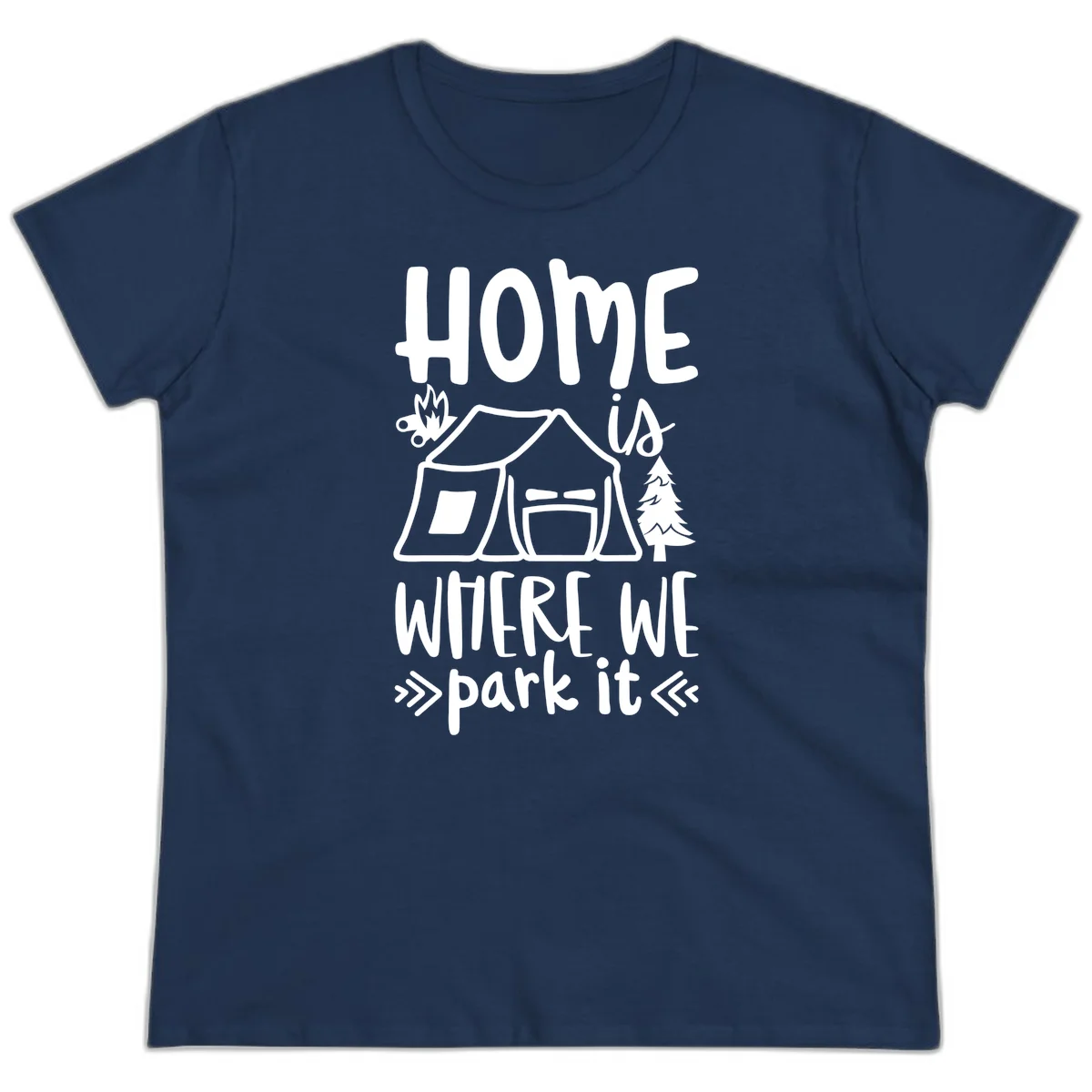 Home is where we park it camping design with tent, campfire, and evergreen tree illustration in Navy