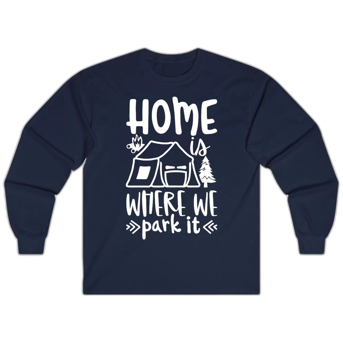 Home is where we park it camping design with tent, campfire, and evergreen tree illustration in Navy