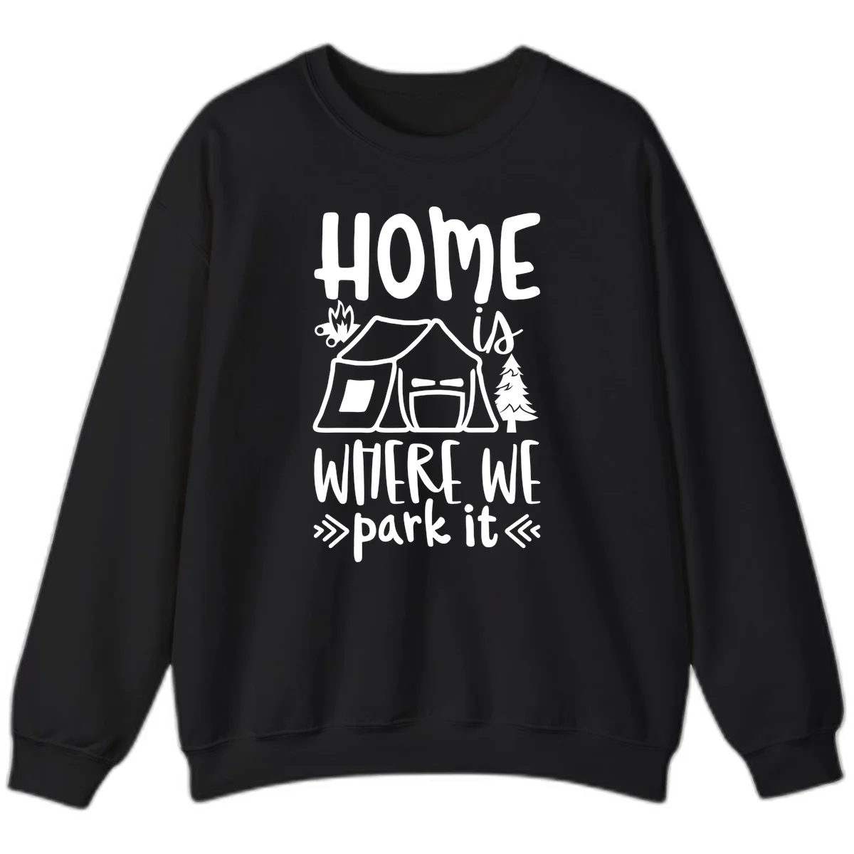 Home is where we park it camping design with tent, campfire, and evergreen tree illustration in Black