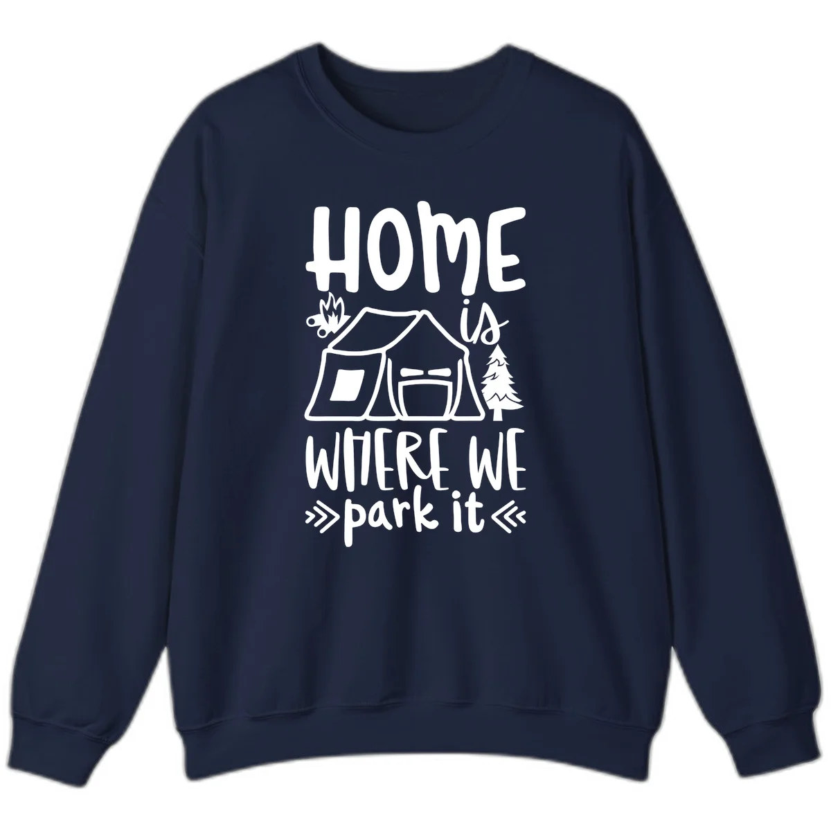 Home is where we park it camping design with tent, campfire, and evergreen tree illustration in Navy