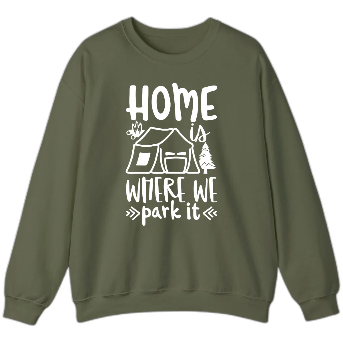 Home is where we park it camping design with tent, campfire, and evergreen tree illustration in Military Green