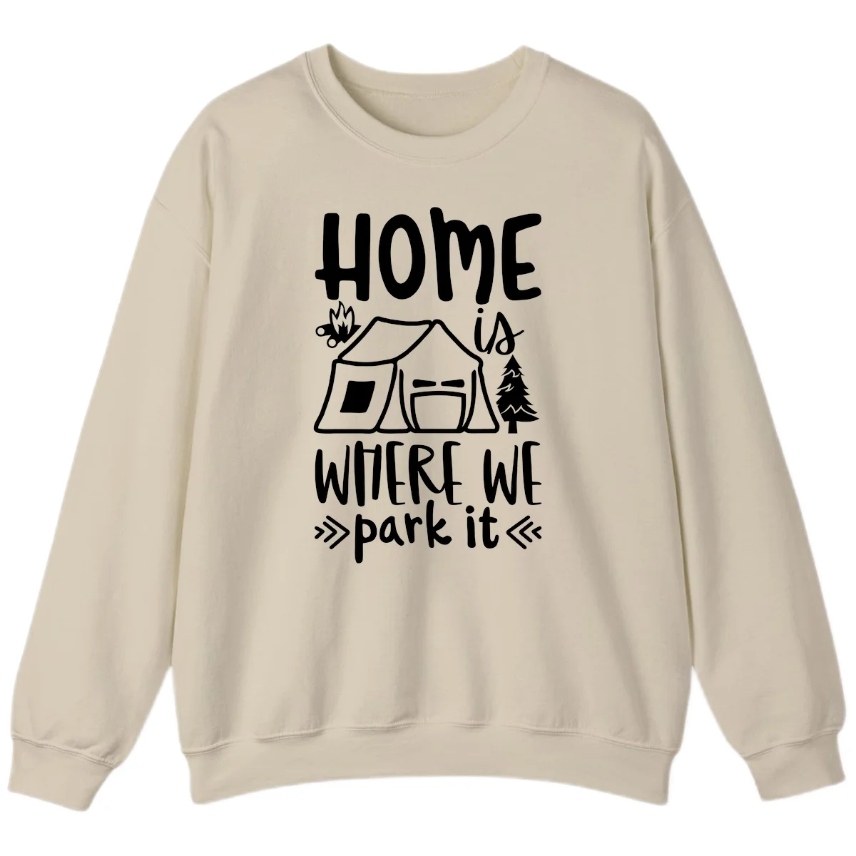 Home is where we park it camping design with tent, campfire, and evergreen tree illustration in Sand