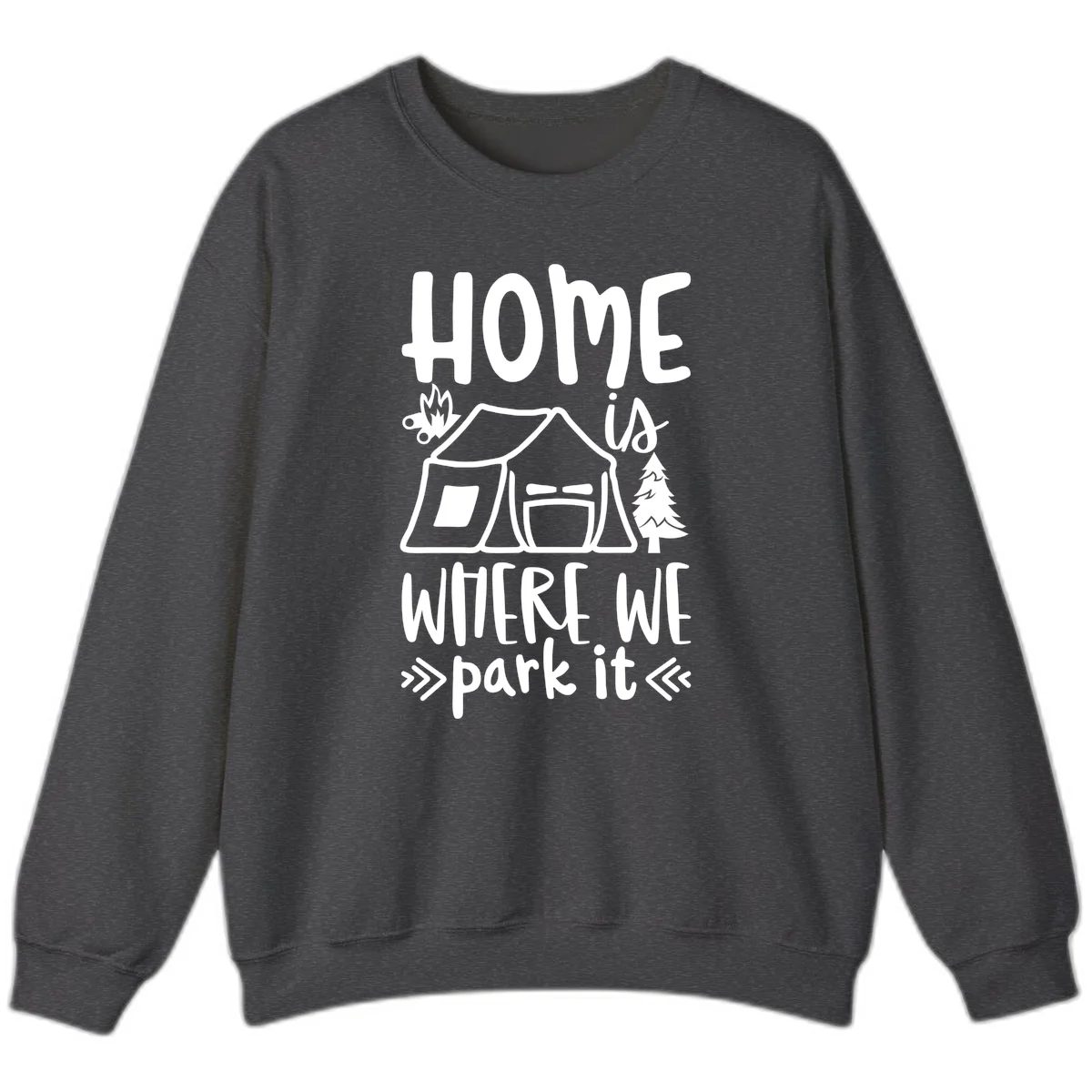 Home is where we park it camping design with tent, campfire, and evergreen tree illustration in Dark Heather