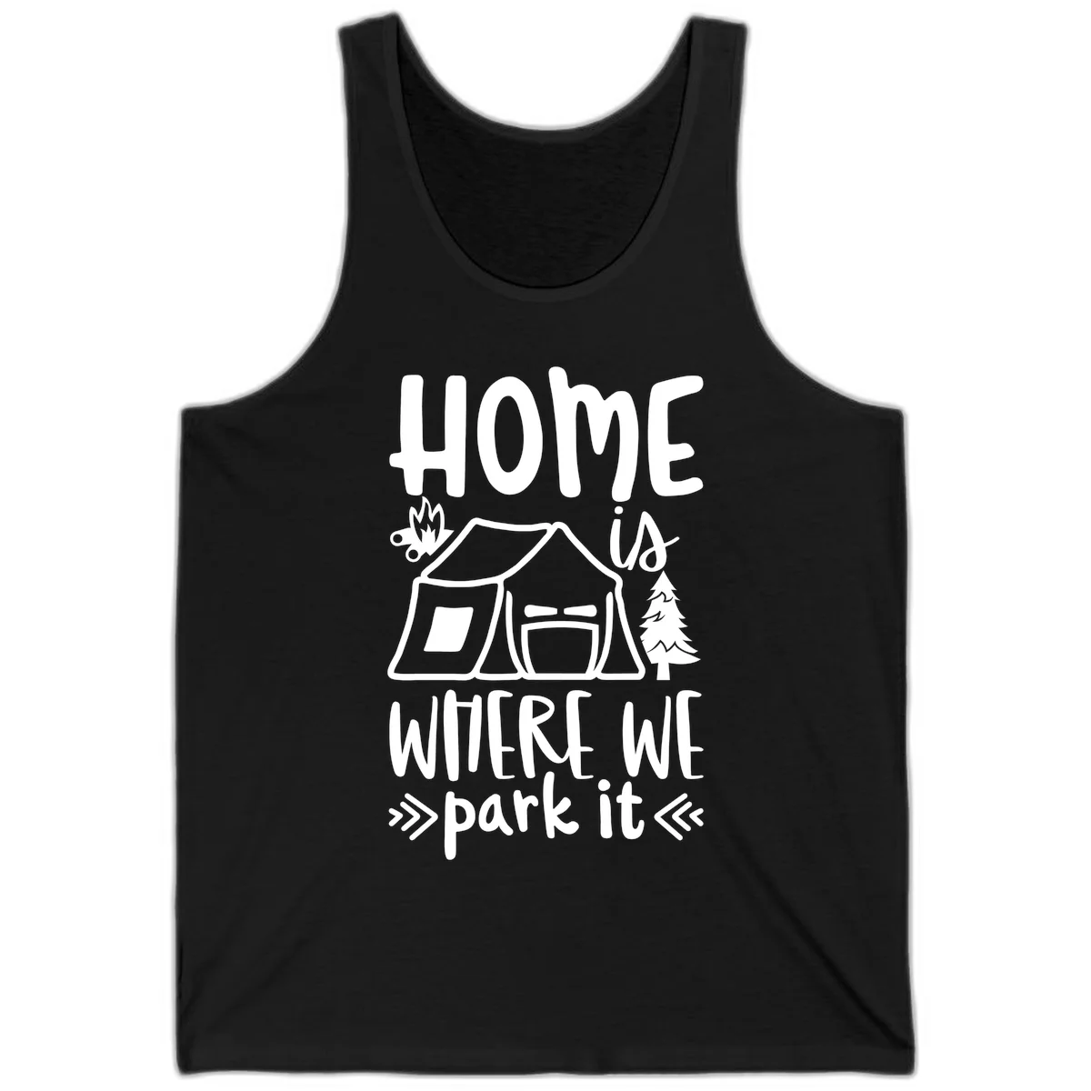 Home is where we park it camping design with tent, campfire, and evergreen tree illustration in Black
