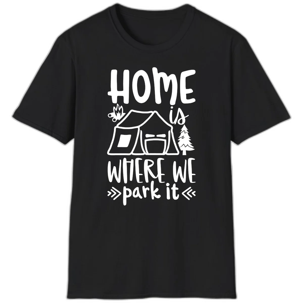 Home is where we park it camping design with tent, campfire, and evergreen tree illustration in Black