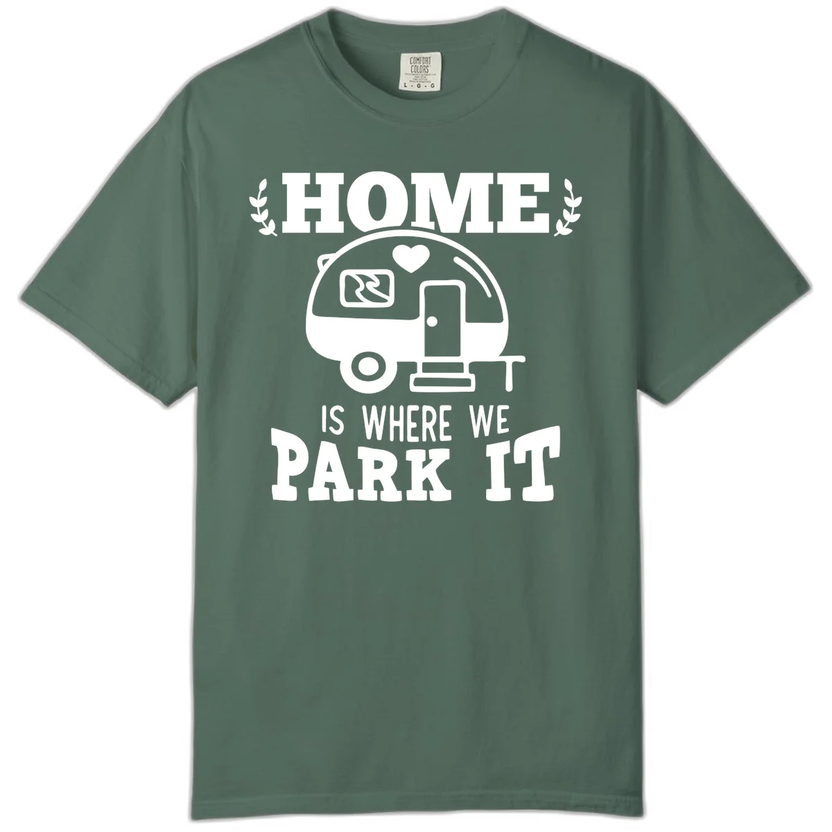 Vintage travel trailer illustration with 'Home Is Where We Park It' text and laurel wreaths on gray background in Blue Spruce