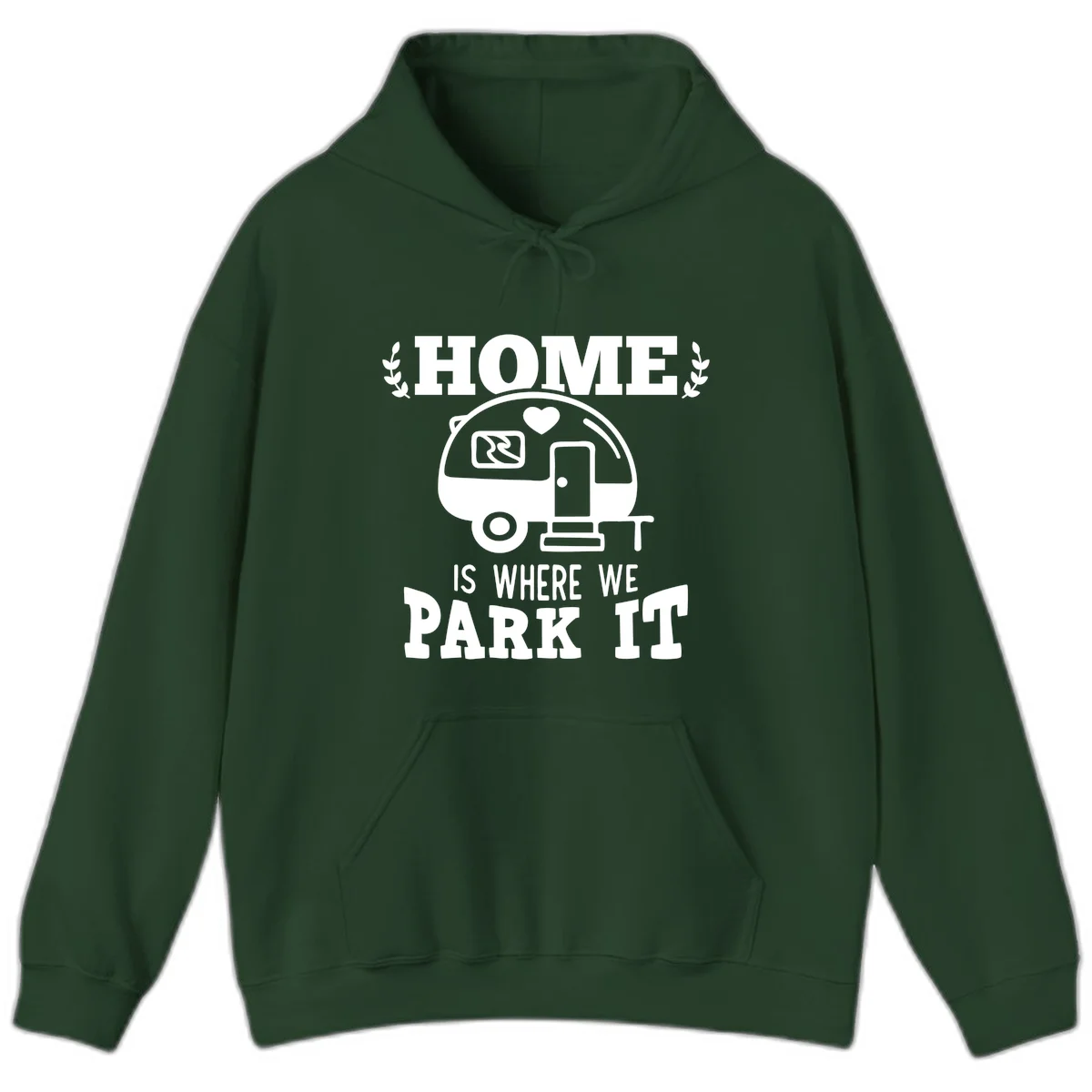 Vintage travel trailer illustration with 'Home Is Where We Park It' text and laurel wreaths on gray background in Forest Green