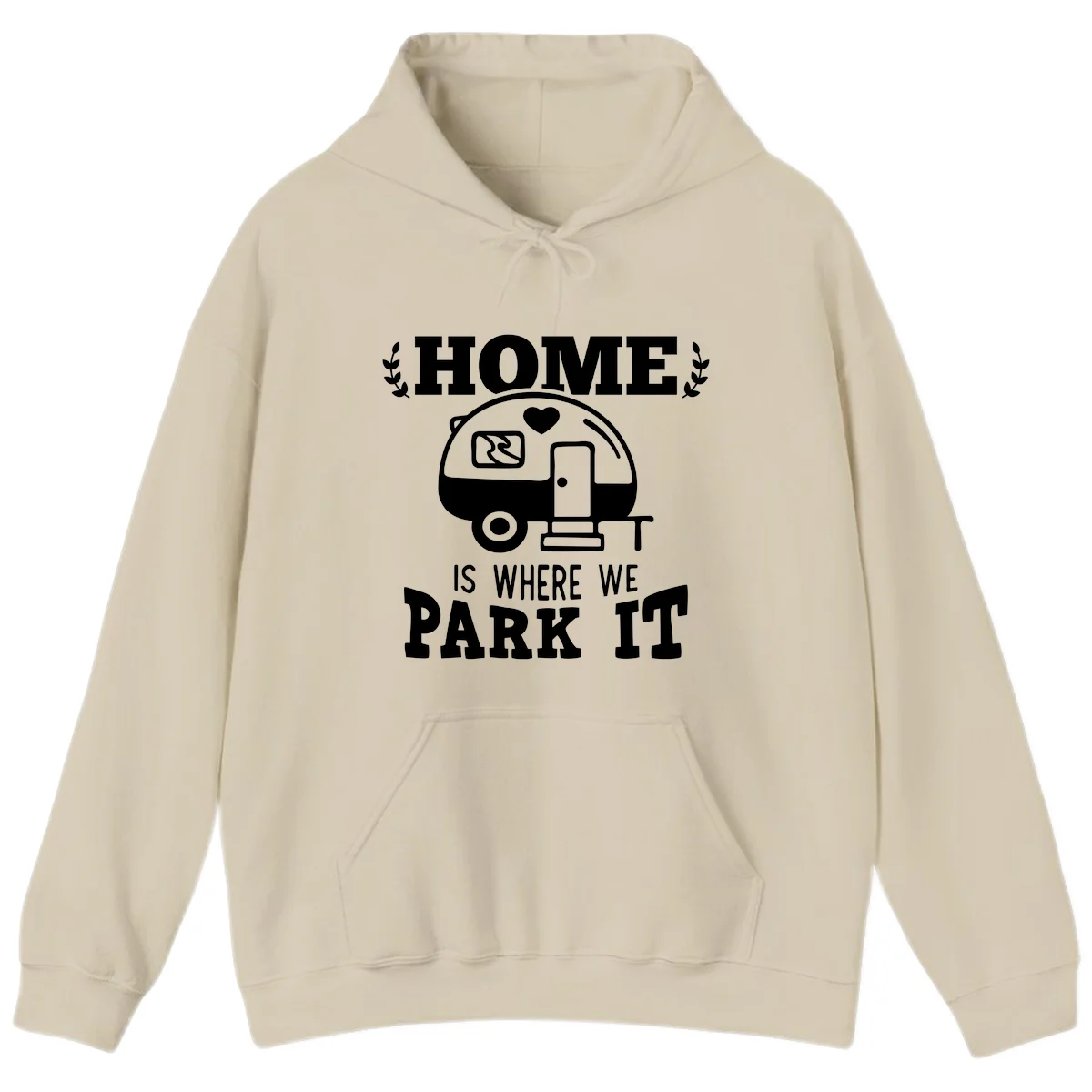 Vintage travel trailer illustration with 'Home Is Where We Park It' text and laurel wreaths on gray background in Sand