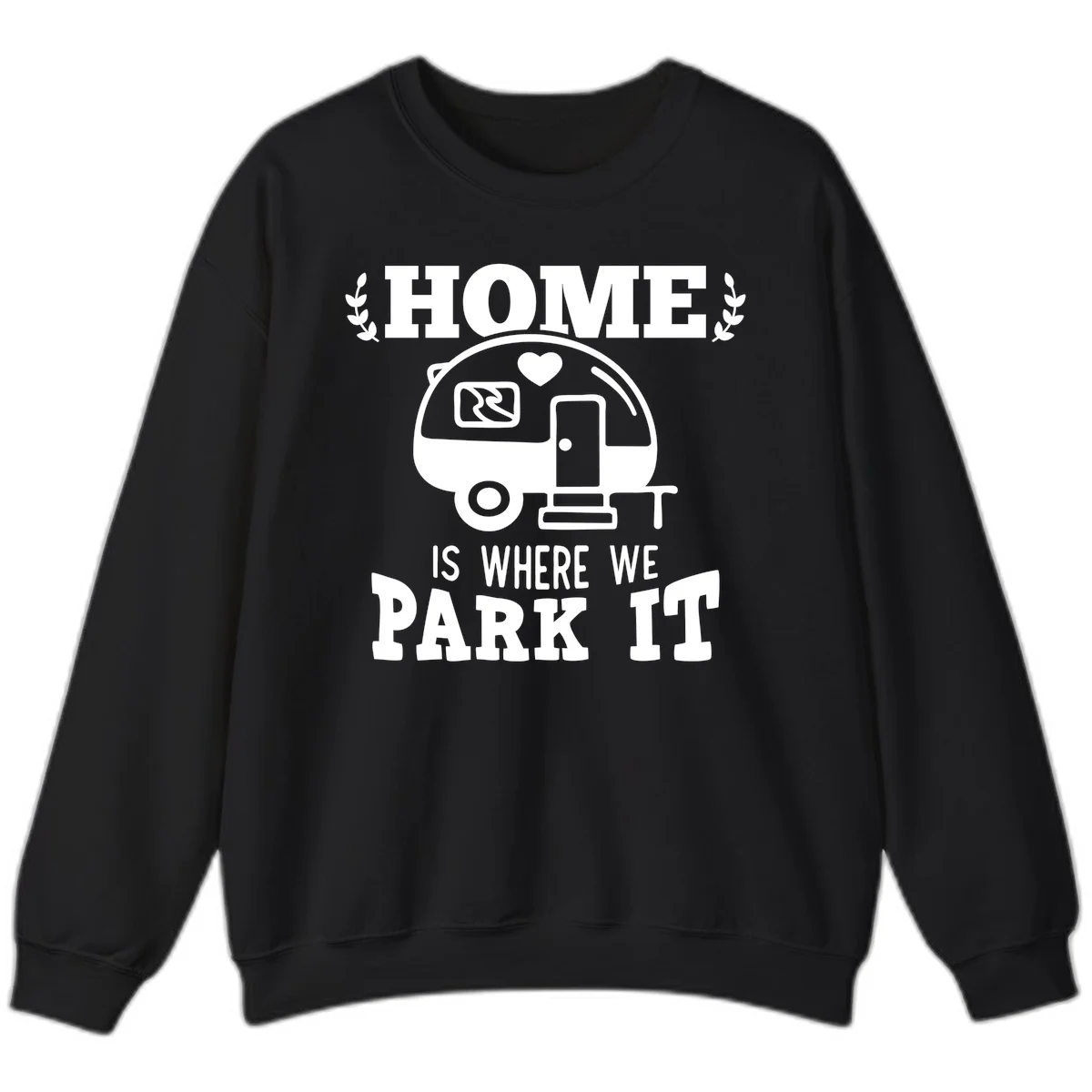 Vintage travel trailer illustration with 'Home Is Where We Park It' text and laurel wreaths on gray background in Black