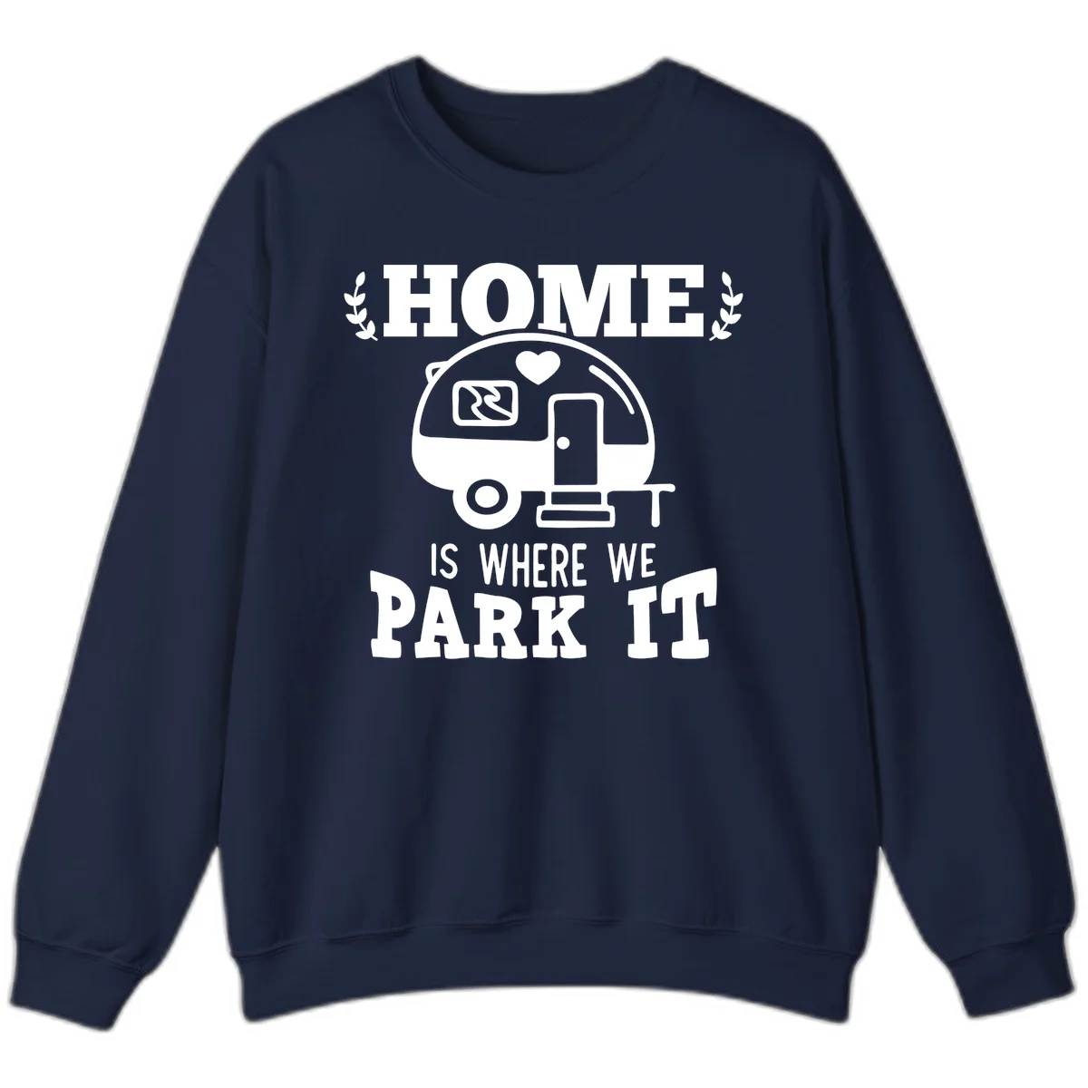 Vintage travel trailer illustration with 'Home Is Where We Park It' text and laurel wreaths on gray background in Navy