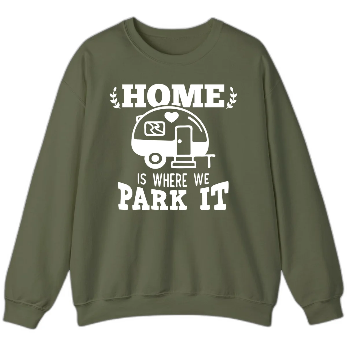 Vintage travel trailer illustration with 'Home Is Where We Park It' text and laurel wreaths on gray background in Military Green