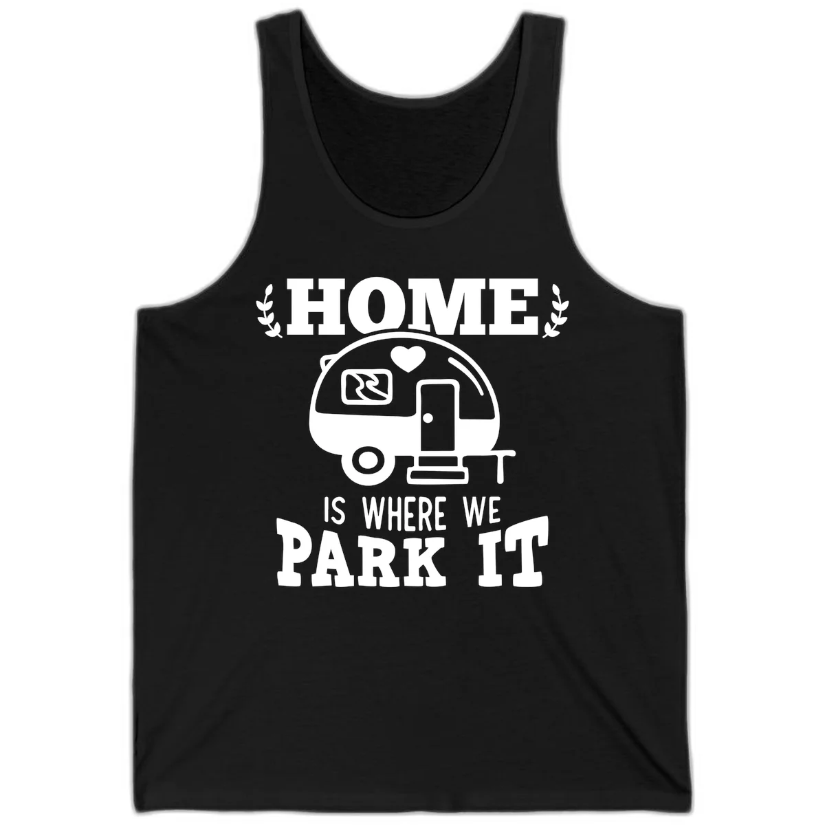 Vintage travel trailer illustration with 'Home Is Where We Park It' text and laurel wreaths on gray background in Black