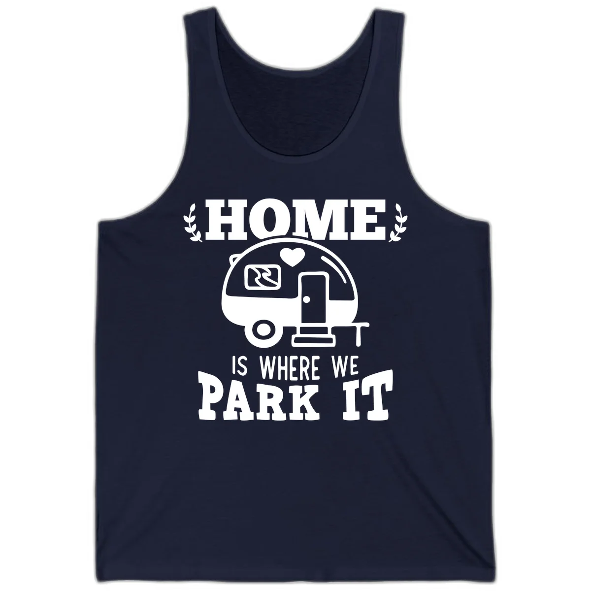 Vintage travel trailer illustration with 'Home Is Where We Park It' text and laurel wreaths on gray background in Navy