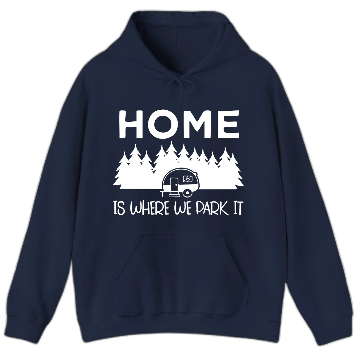 Home is where we park it design with travel trailer and forest trees on gray background in Navy