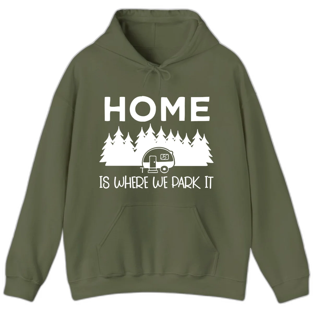 Home is where we park it design with travel trailer and forest trees on gray background in Military Green