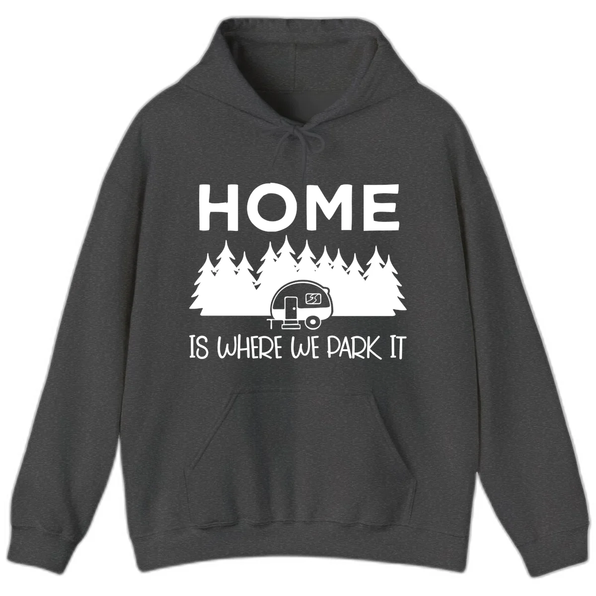 Home is where we park it design with travel trailer and forest trees on gray background in Dark Heather