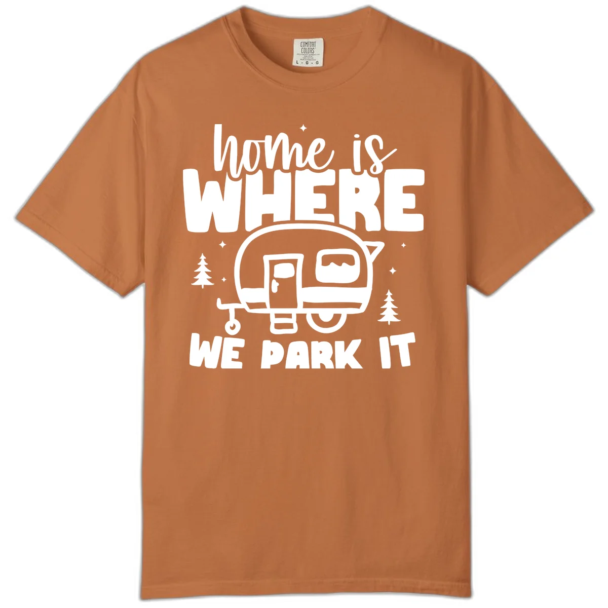 Retro-style design with 'home is where we park it' text and vintage travel trailer illustration surrounded by pine trees and sparkles in Yam