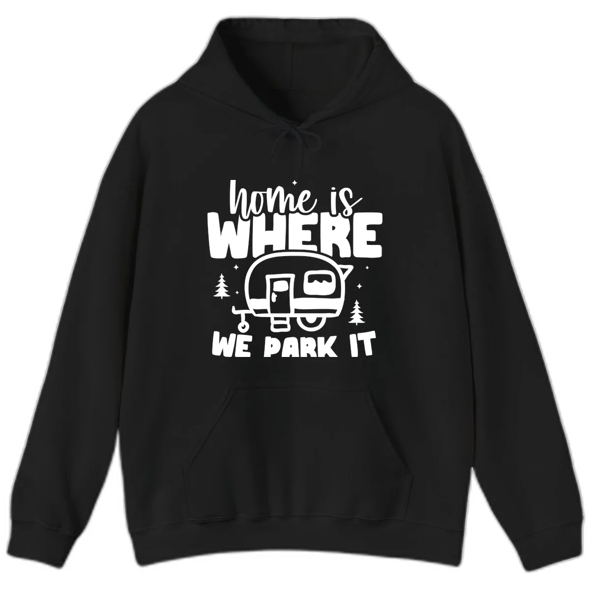 Retro-style design with 'home is where we park it' text and vintage travel trailer illustration surrounded by pine trees and sparkles in Black