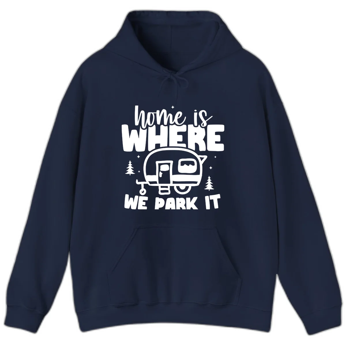 Retro-style design with 'home is where we park it' text and vintage travel trailer illustration surrounded by pine trees and sparkles in Navy